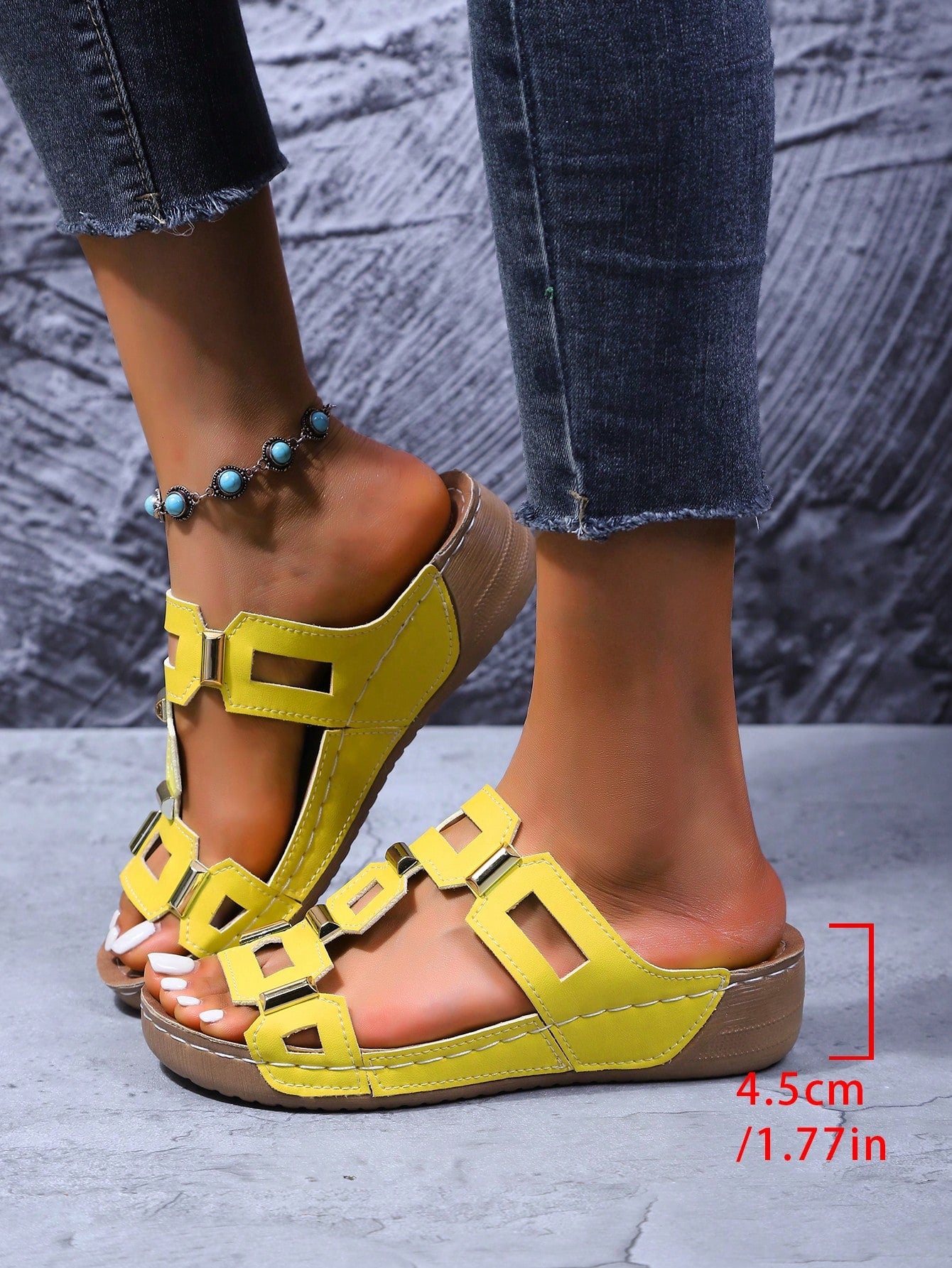 Women's open-toe wedge slide sandals with studded hollow-out upper, cross-over straps, buckle closure, and thick soft sole