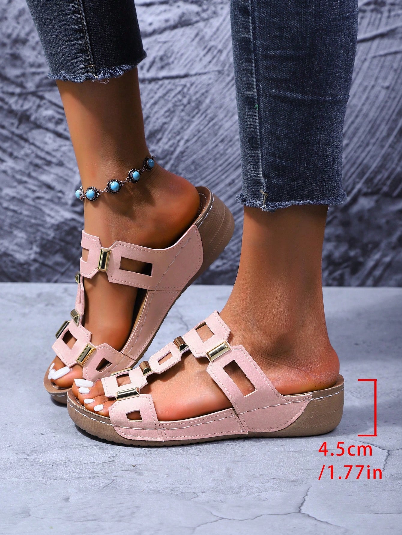 Women's open-toe wedge slide sandals with studded hollow-out upper, cross-over straps, buckle closure, and thick soft sole
