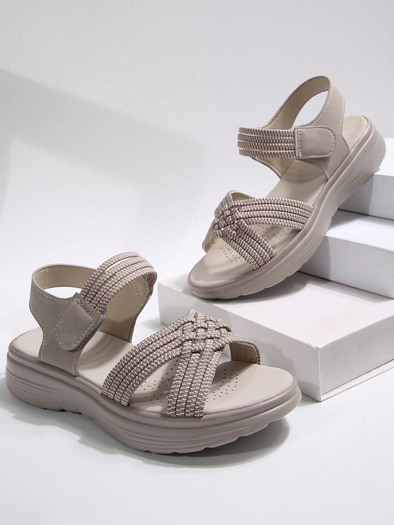 Women's plus size platform wedge sandals with hook-and-loop closure, open toe, ankle strap, and cut-out detailing in a casual beach style.