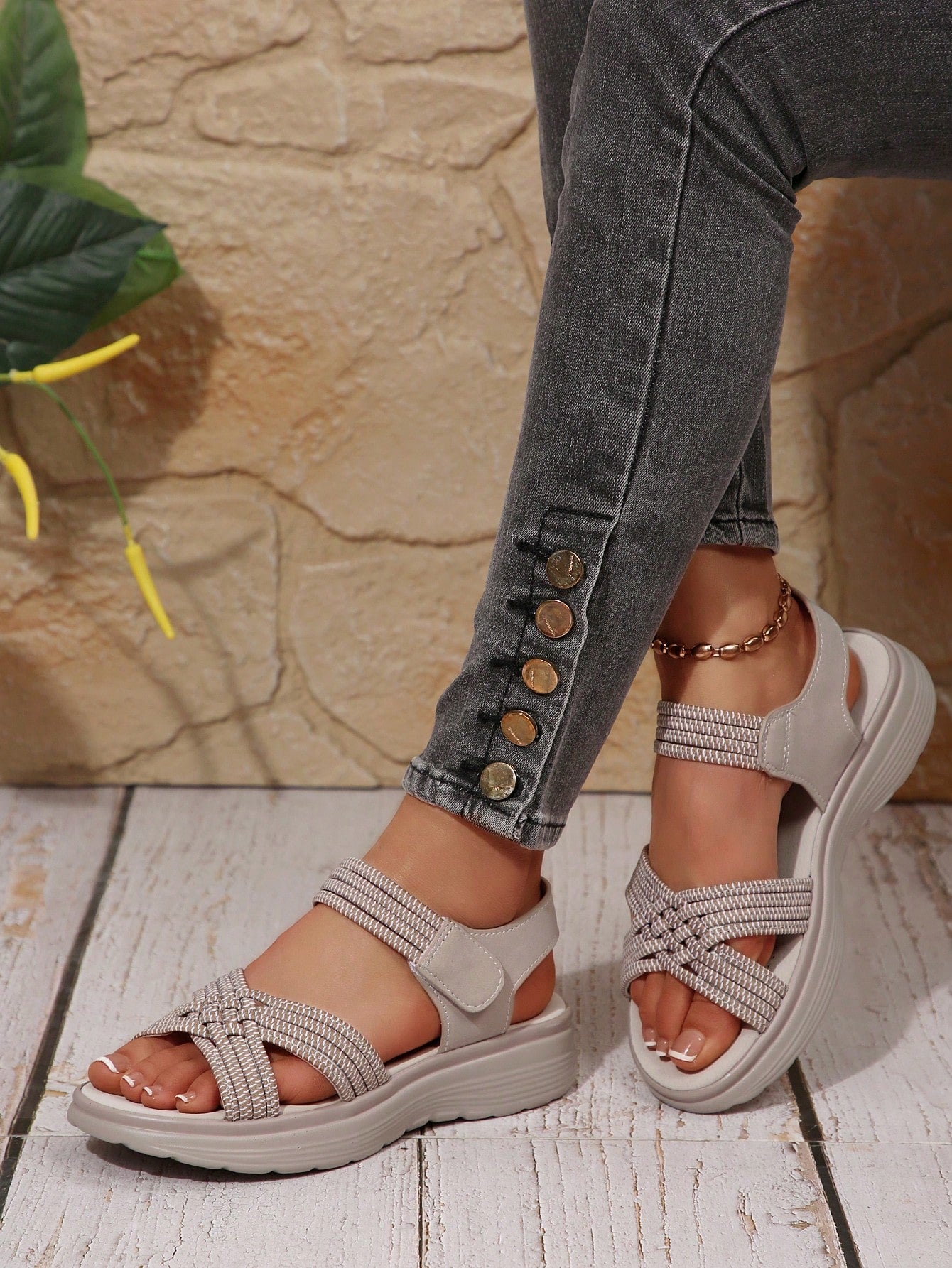 Women's plus size platform wedge sandals with hook-and-loop closure, open toe, ankle strap, and cut-out detailing in a casual beach style.