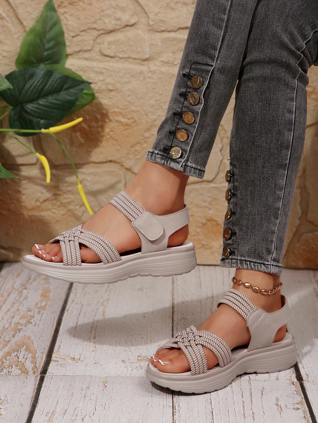 Women's plus size platform wedge sandals with hook-and-loop closure, open toe, ankle strap, and cut-out detailing in a casual beach style.