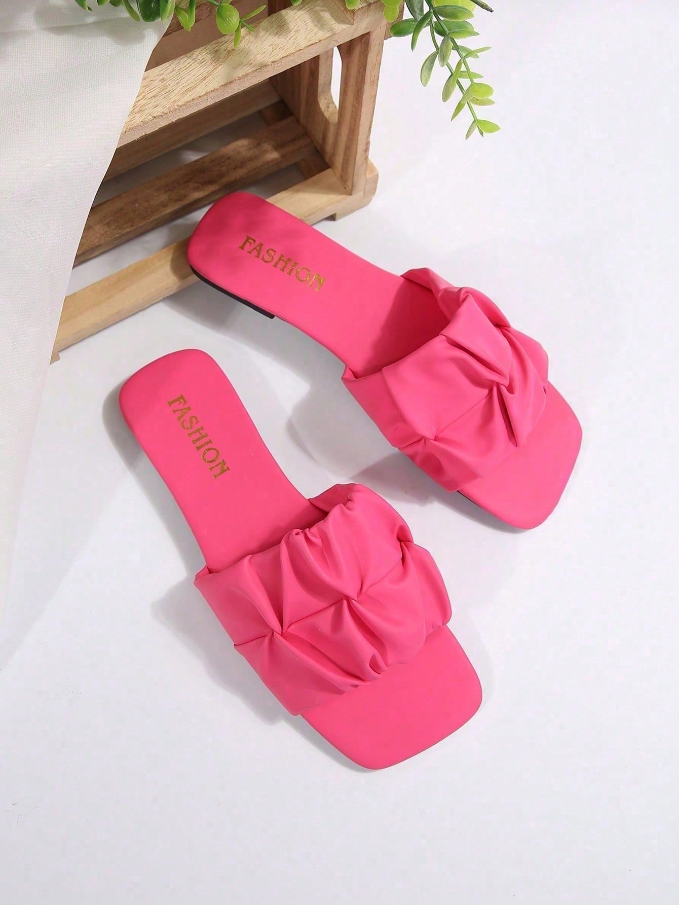 Women's flat slip-on sandals with a square open toe and ruched upper detail, casual non-slip slide style for beach, home, office, and outdoor wear.