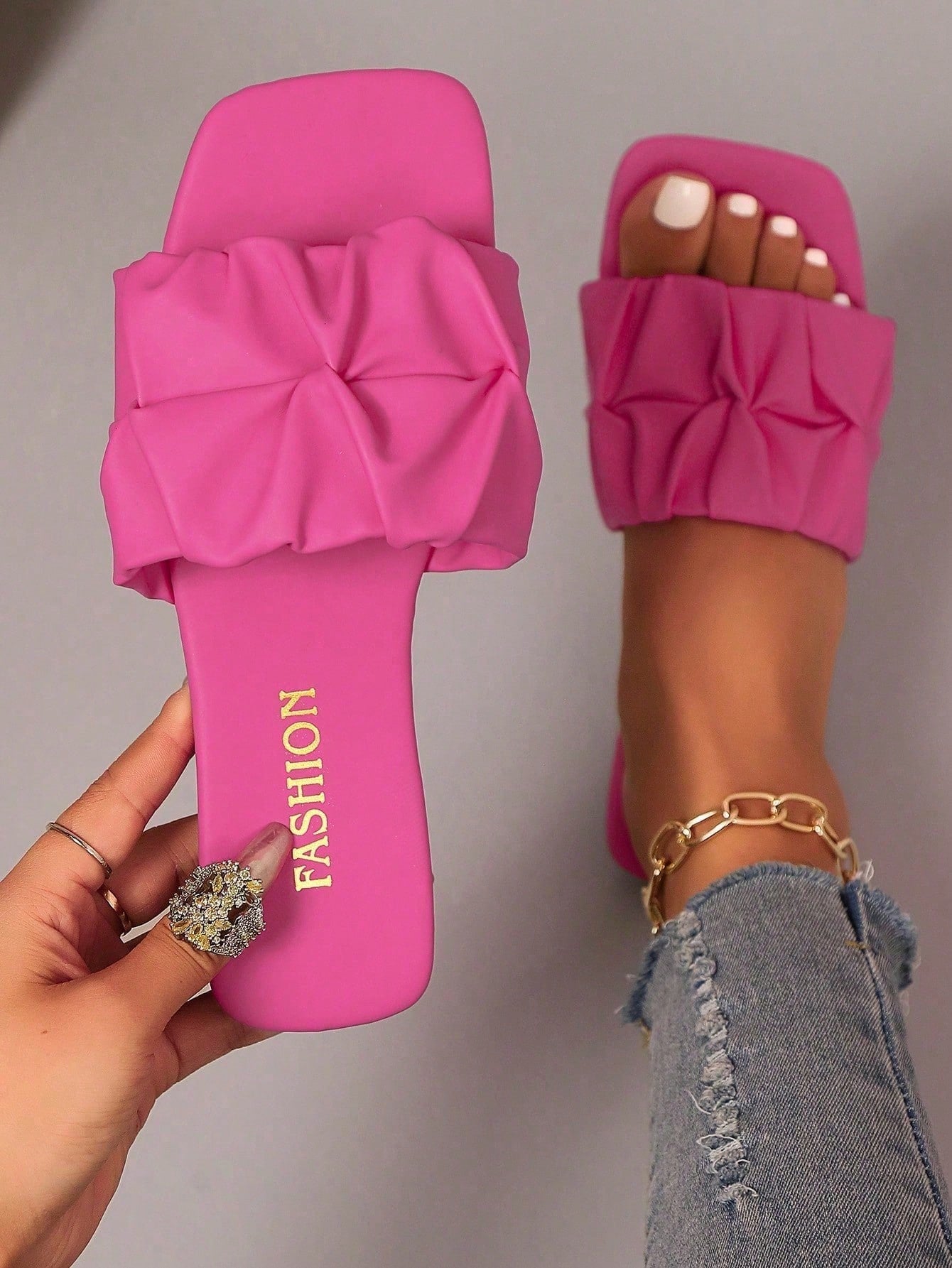 Women's flat slip-on sandals with a square open toe and ruched upper detail, casual non-slip slide style for beach, home, office, and outdoor wear.