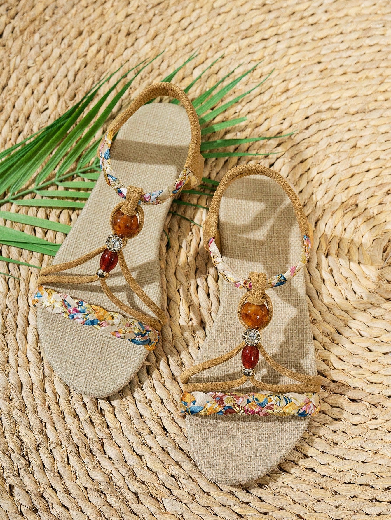 Women's bohemian flat slingback sandals with beaded detailing and open-toe design, featuring a fabric upper, PU leather lining and insole, and TPR outsole.
