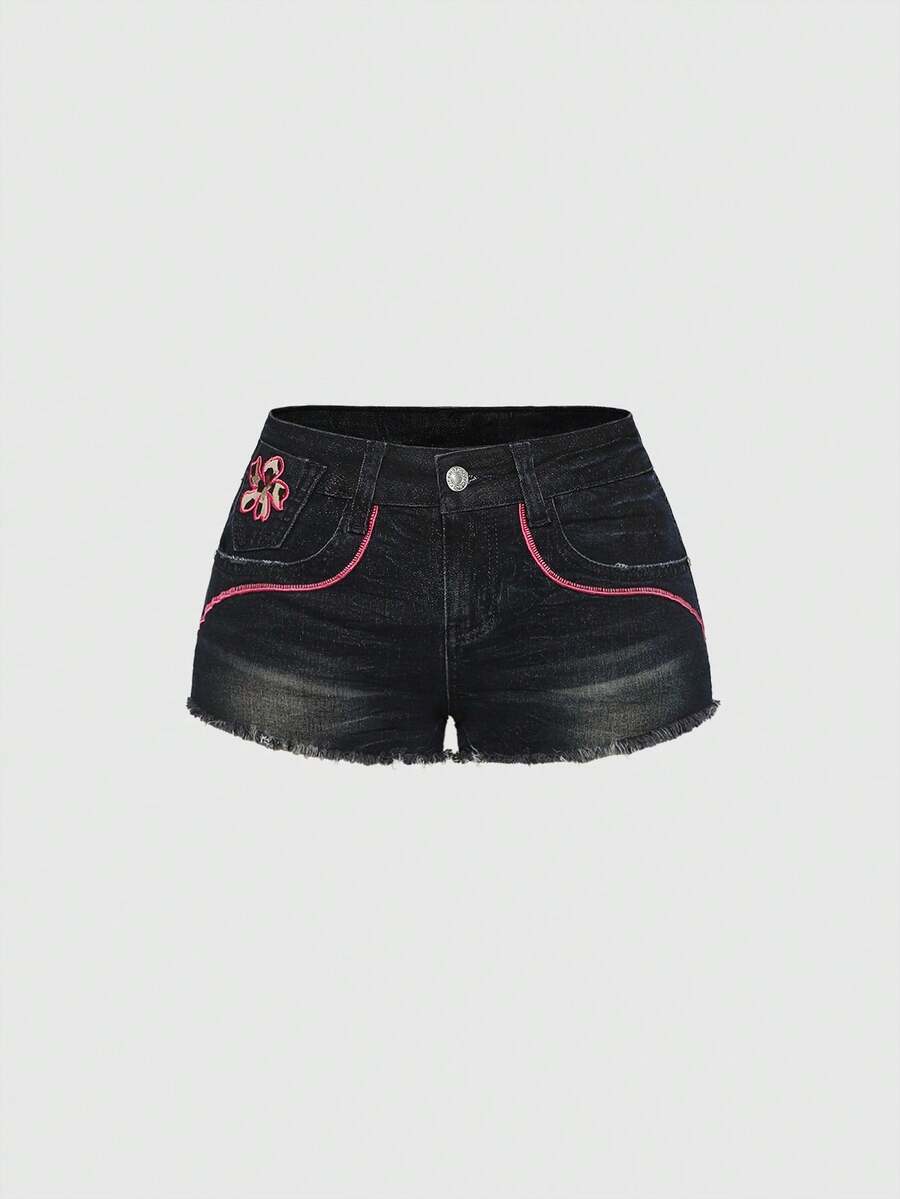 Blue Y2K low waist shorts with butterfly embroidery, distressed washed finish, raw hem, button detail, and zipper fly closure.