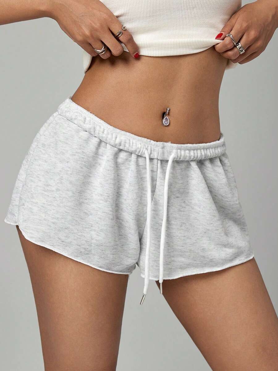 Petite women's burgundy casual track shorts with drawstring waist, raw hem, loose fit, and mini length