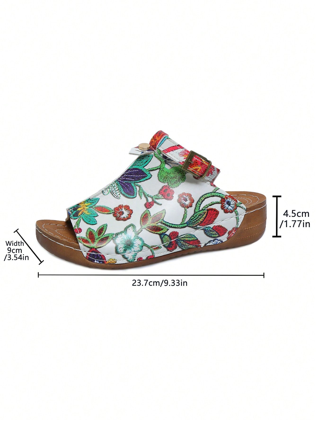 Women's open-toe platform wedge beach sandals with thick sole, stitching detail, floral accents, buckle closure, and removable adjustable shoelaces.
