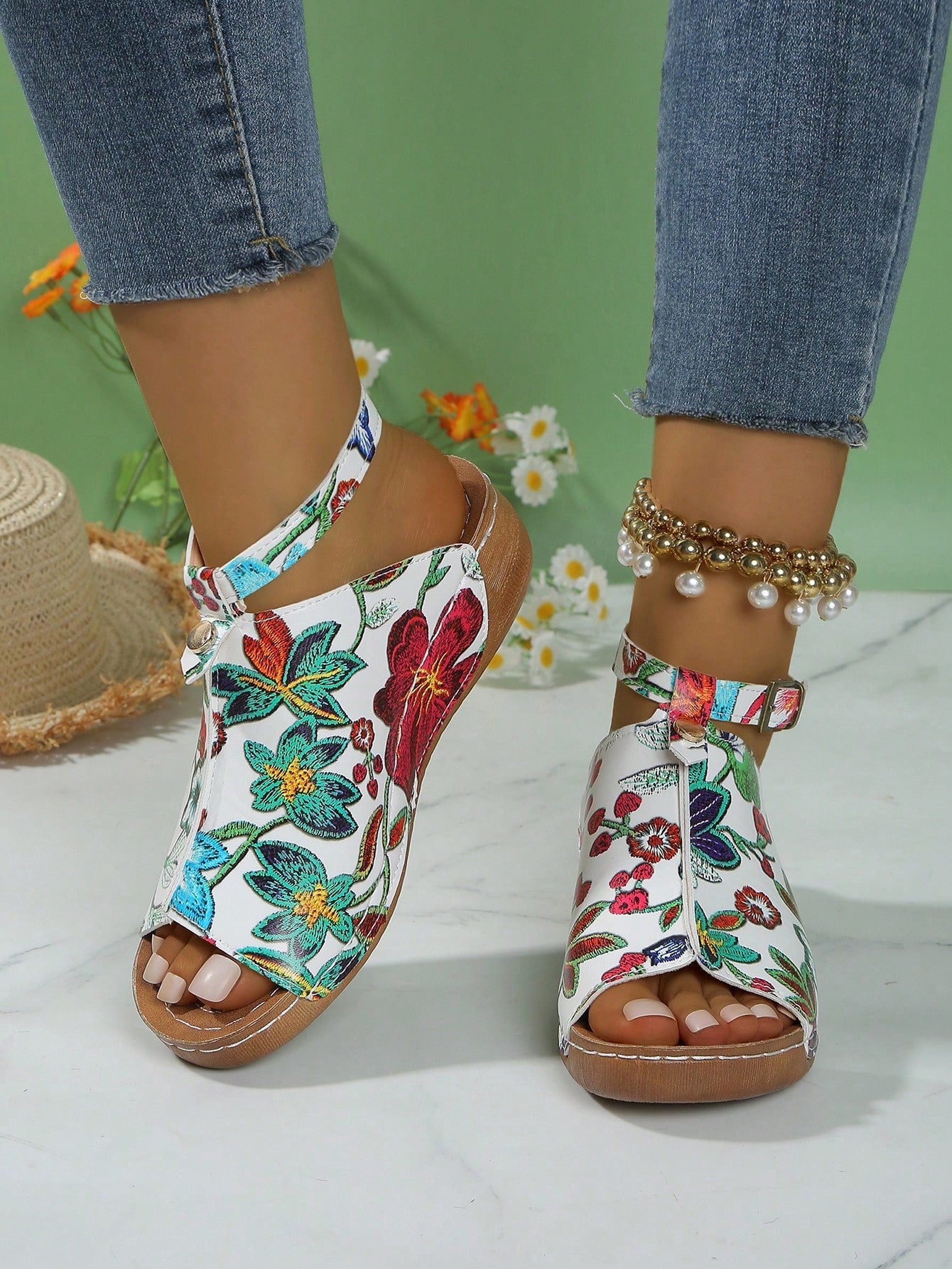 Women's open-toe platform wedge beach sandals with thick sole, stitching detail, floral accents, buckle closure, and removable adjustable shoelaces.