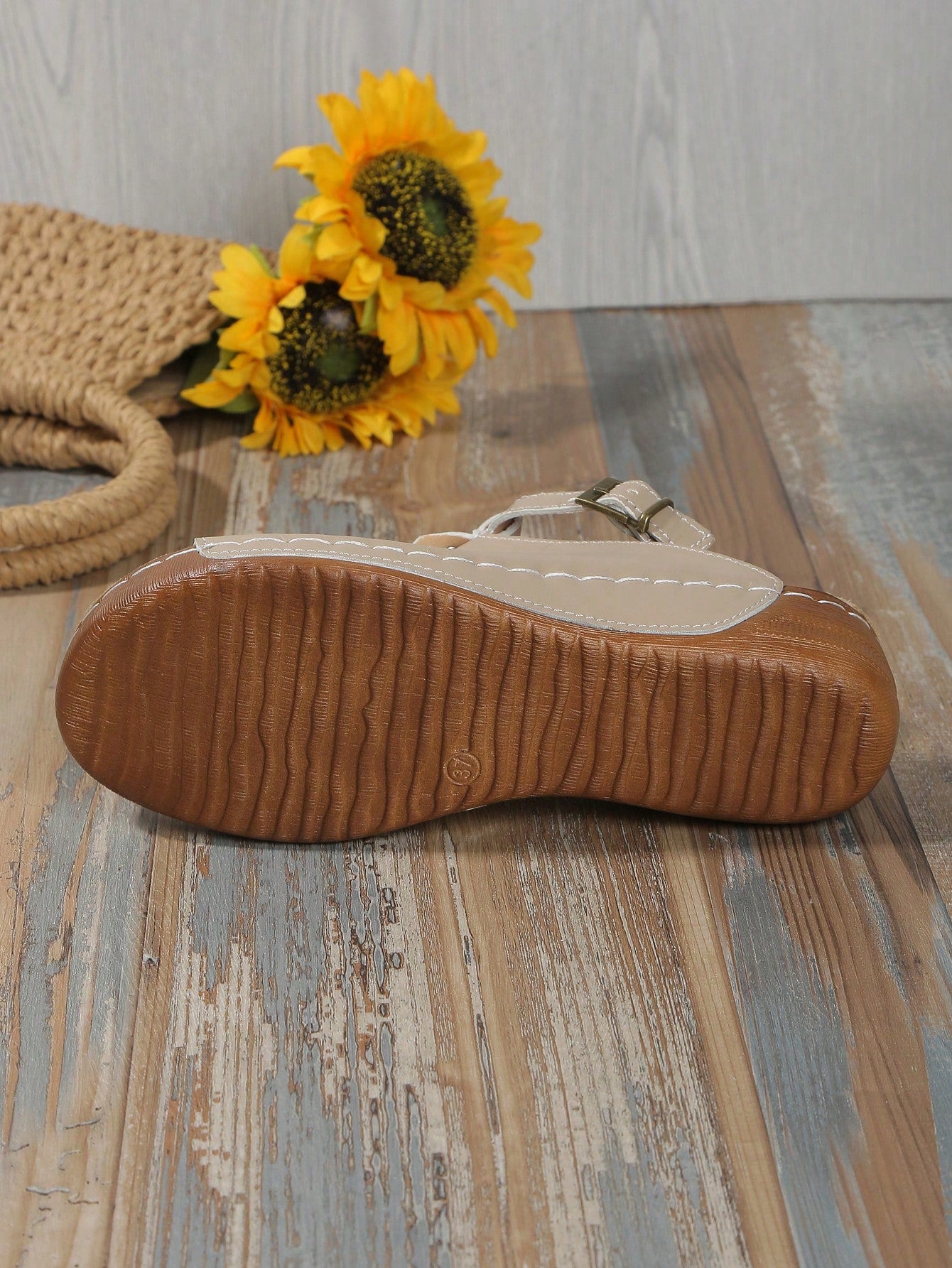 Women's open-toe platform wedge beach sandals with thick sole, stitching detail, floral accents, buckle closure, and removable adjustable shoelaces.