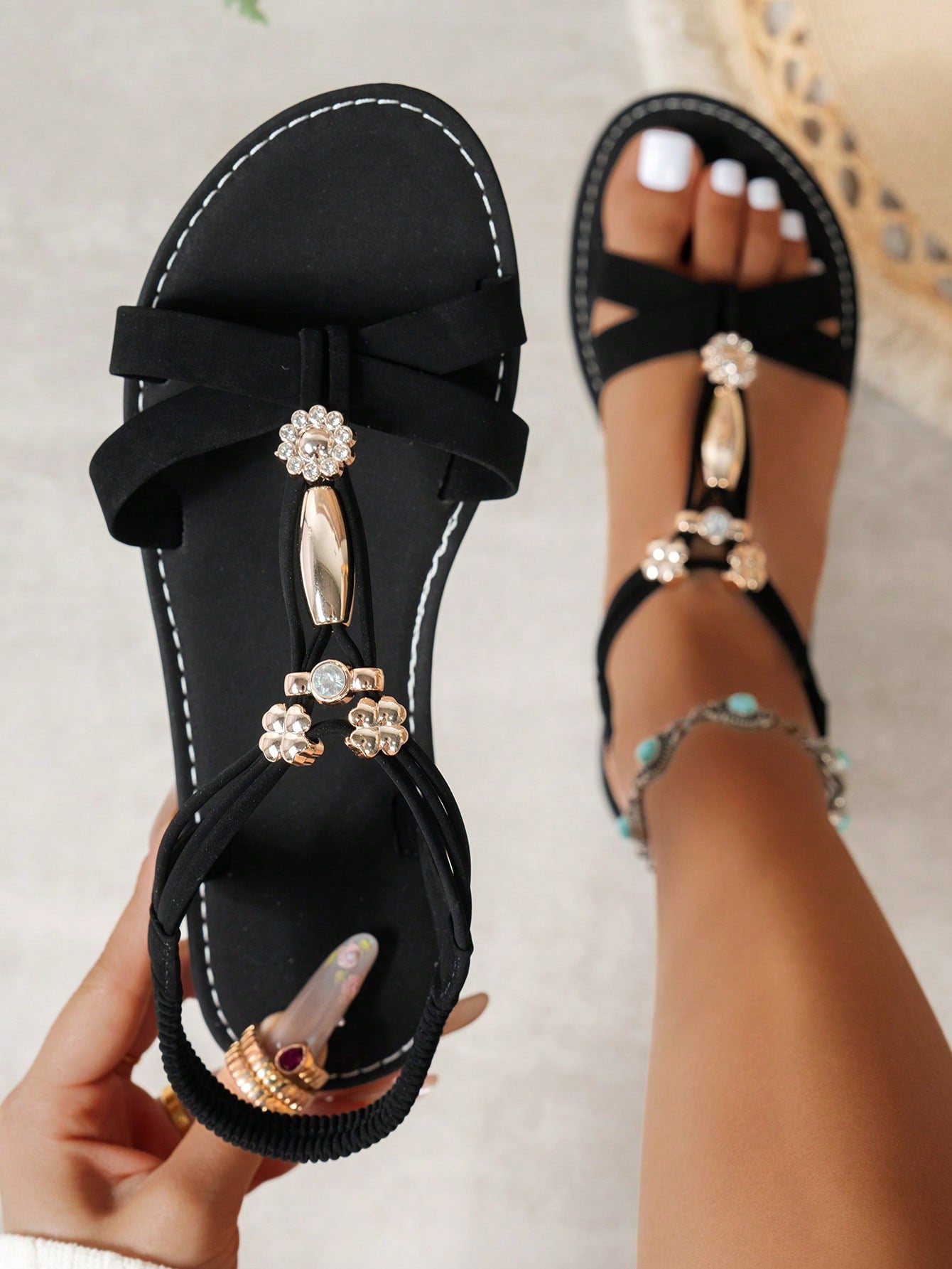 Women's bohemian flat slingback sandals with beaded detailing and open-toe design, featuring a fabric upper, PU leather lining and insole, and TPR outsole.