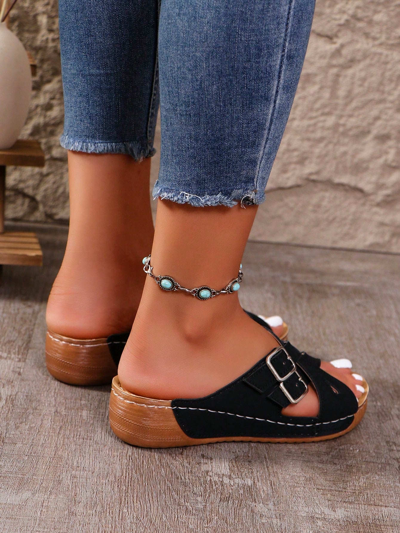 Women's slip-on beach wedge slide sandals with open toe, thick sole, criss-cross straps, and buckle detail