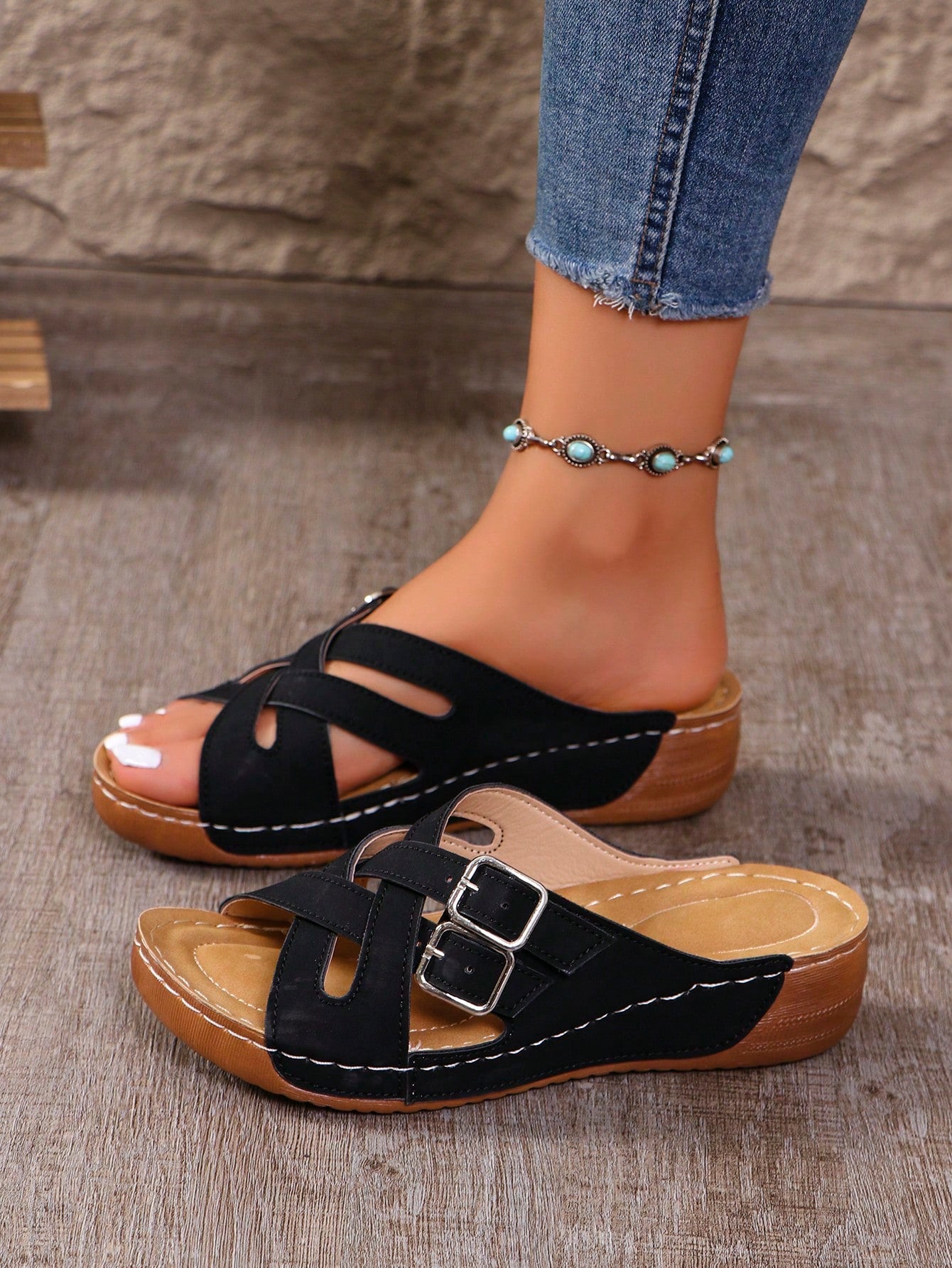 Women's slip-on beach wedge slide sandals with open toe, thick sole, criss-cross straps, and buckle detail