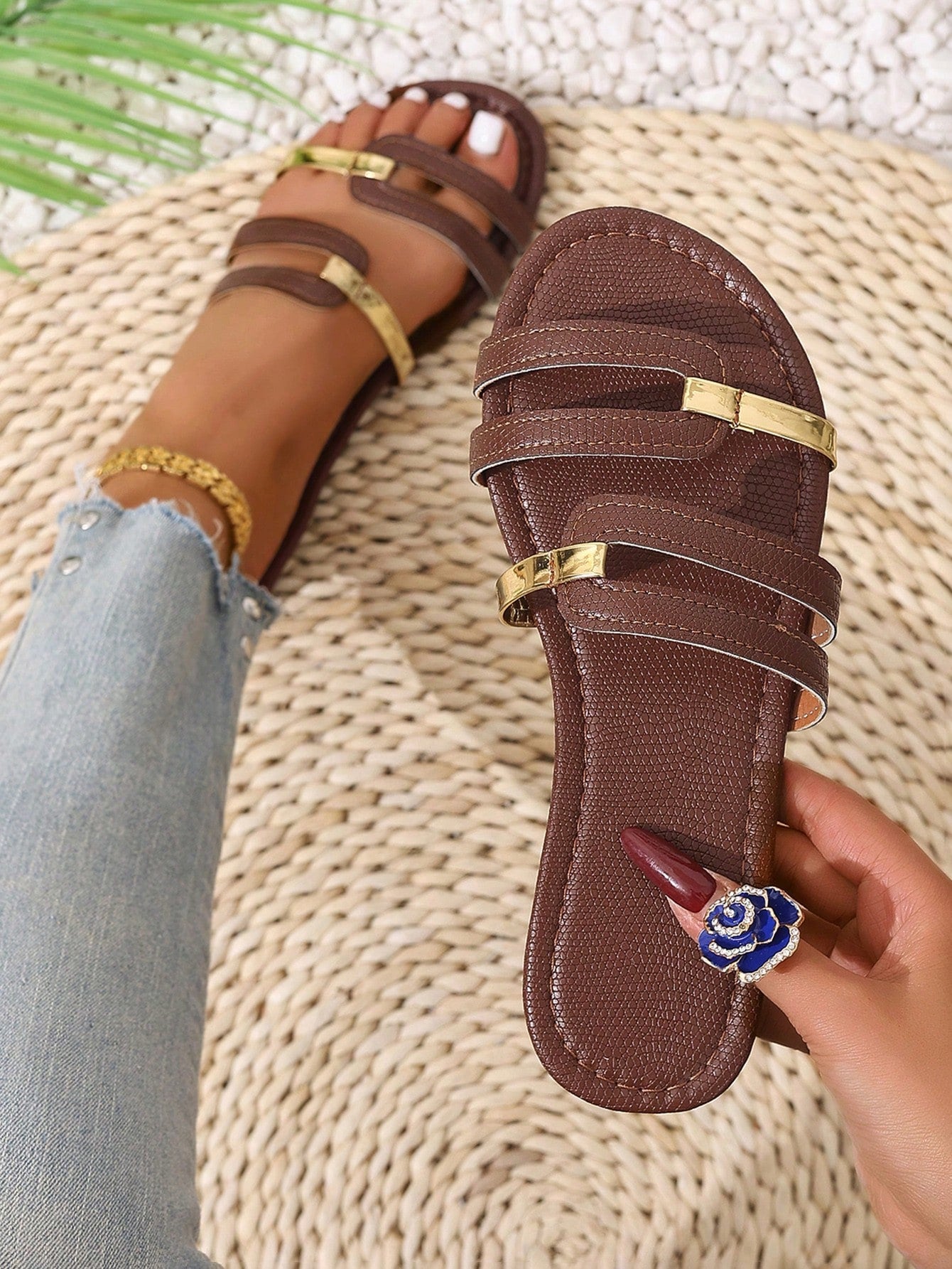 Women's yellow open-toe flat slide sandals featuring a cut-out design and textured plain pattern for casual beach and daily wear.
