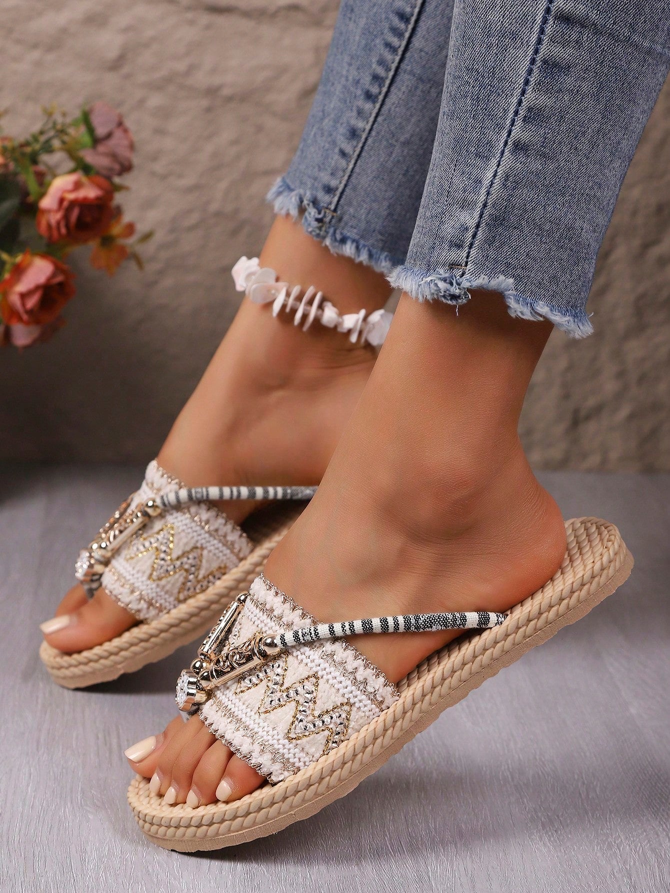 White flower Y2K flat slide sandals with toe post, beaded and embroidered woven-look fabric upper