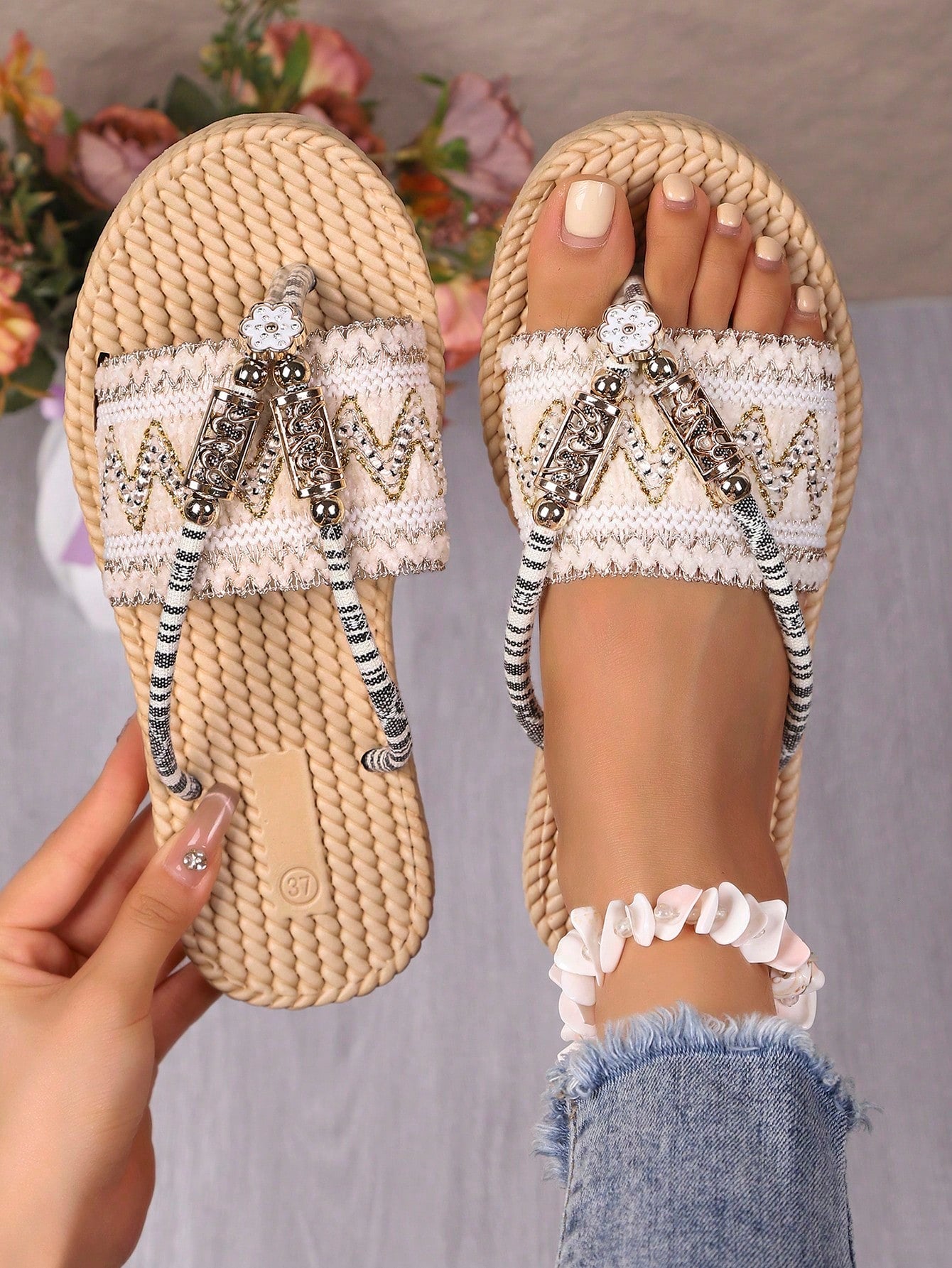 White flower Y2K flat slide sandals with toe post, beaded and embroidered woven-look fabric upper