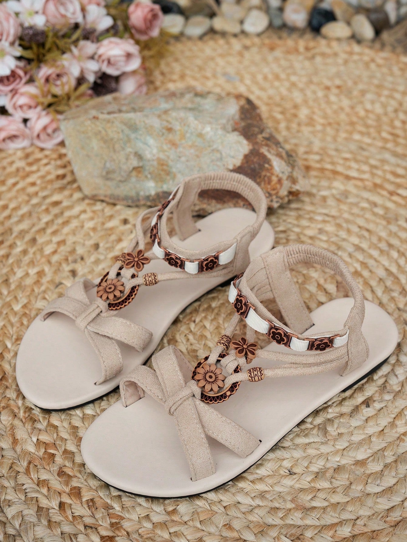 Women's bohemian flat slingback sandals with beaded detailing and open-toe design, featuring a fabric upper, PU leather lining and insole, and TPR outsole.