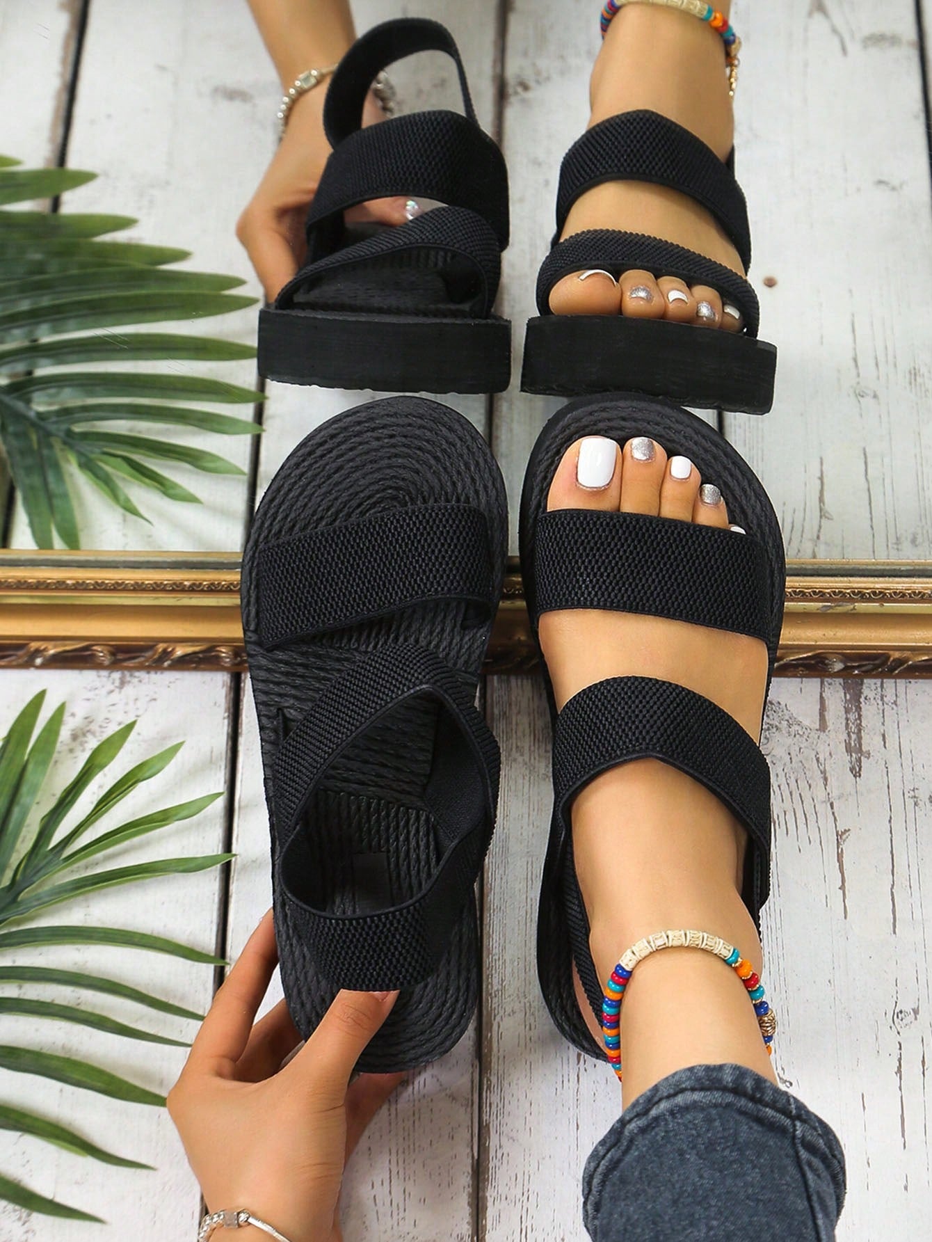 Women's open toe wedge slide sandals with a thick platform-style sole and mid heel, slip-on design for beach and outdoor summer use.