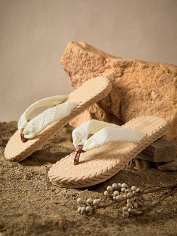White women's flat sandals with cloud-inspired colorblock and tropical pattern, featuring braided woven-look straps and a casual beach style.