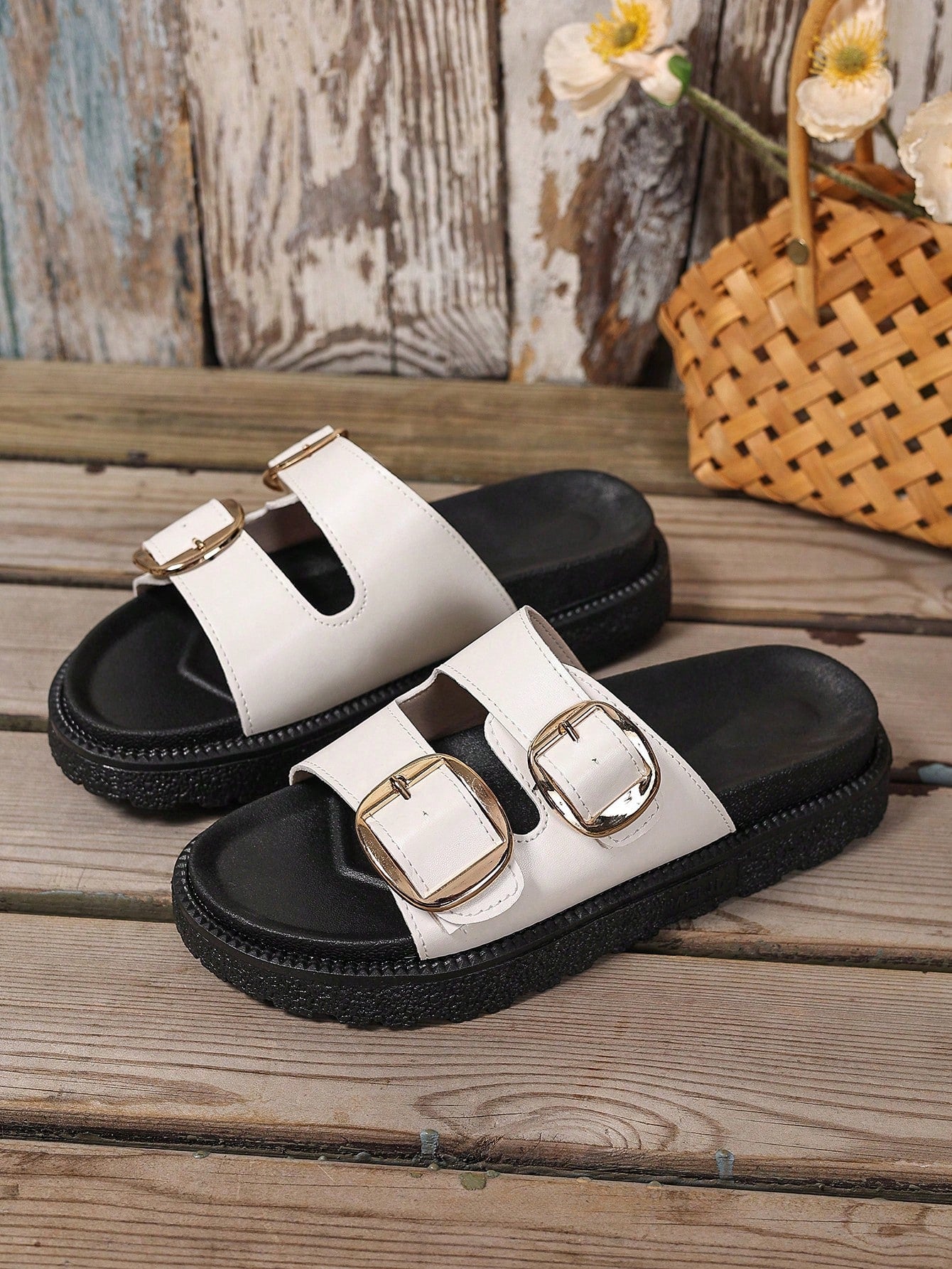 Plus size women's wedge platform slide sandals with open toe, buckle detail, and low heel slip-on design.