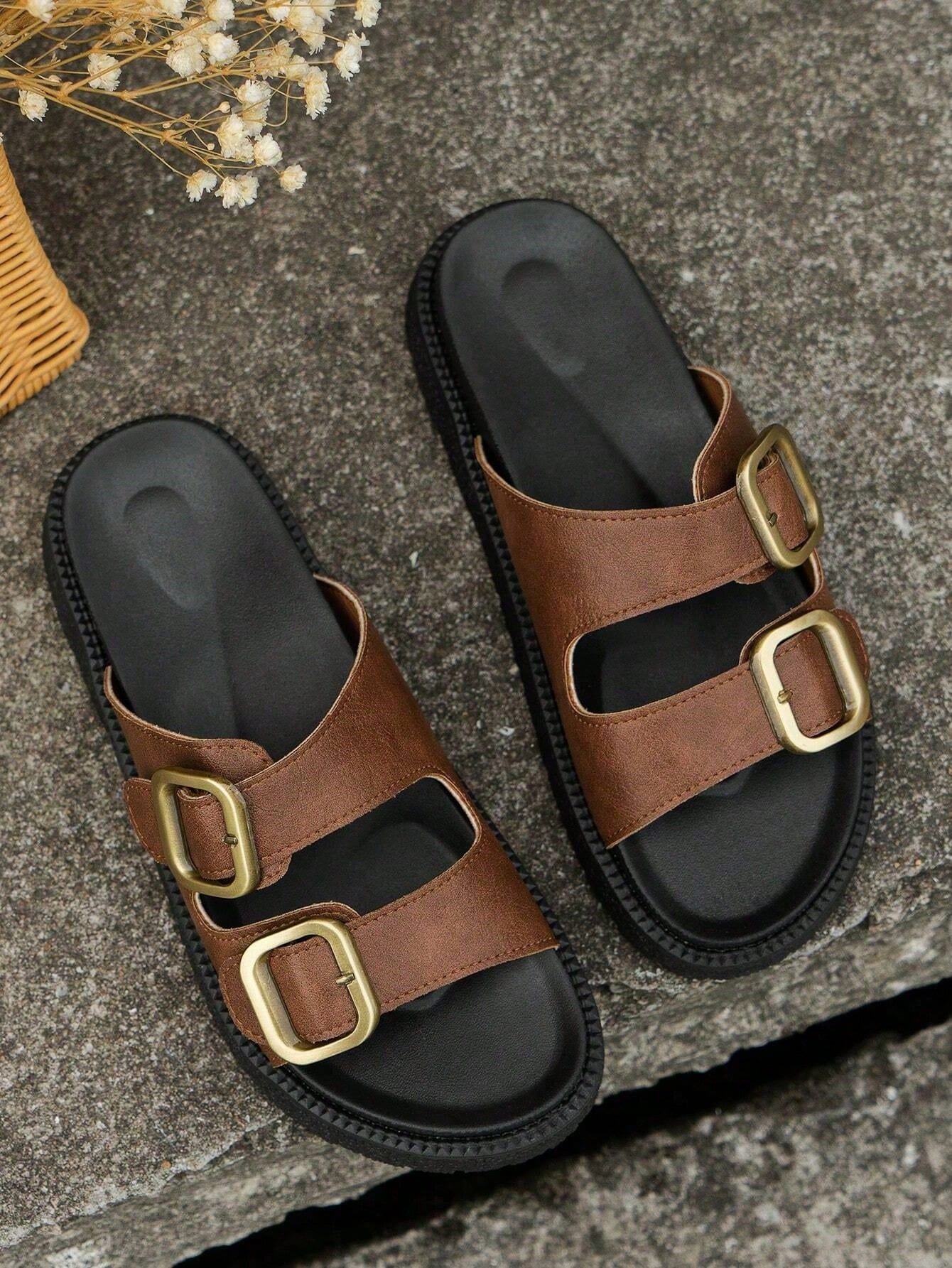 Plus size women's wedge platform slide sandals with open toe, buckle detail, and low heel slip-on design.