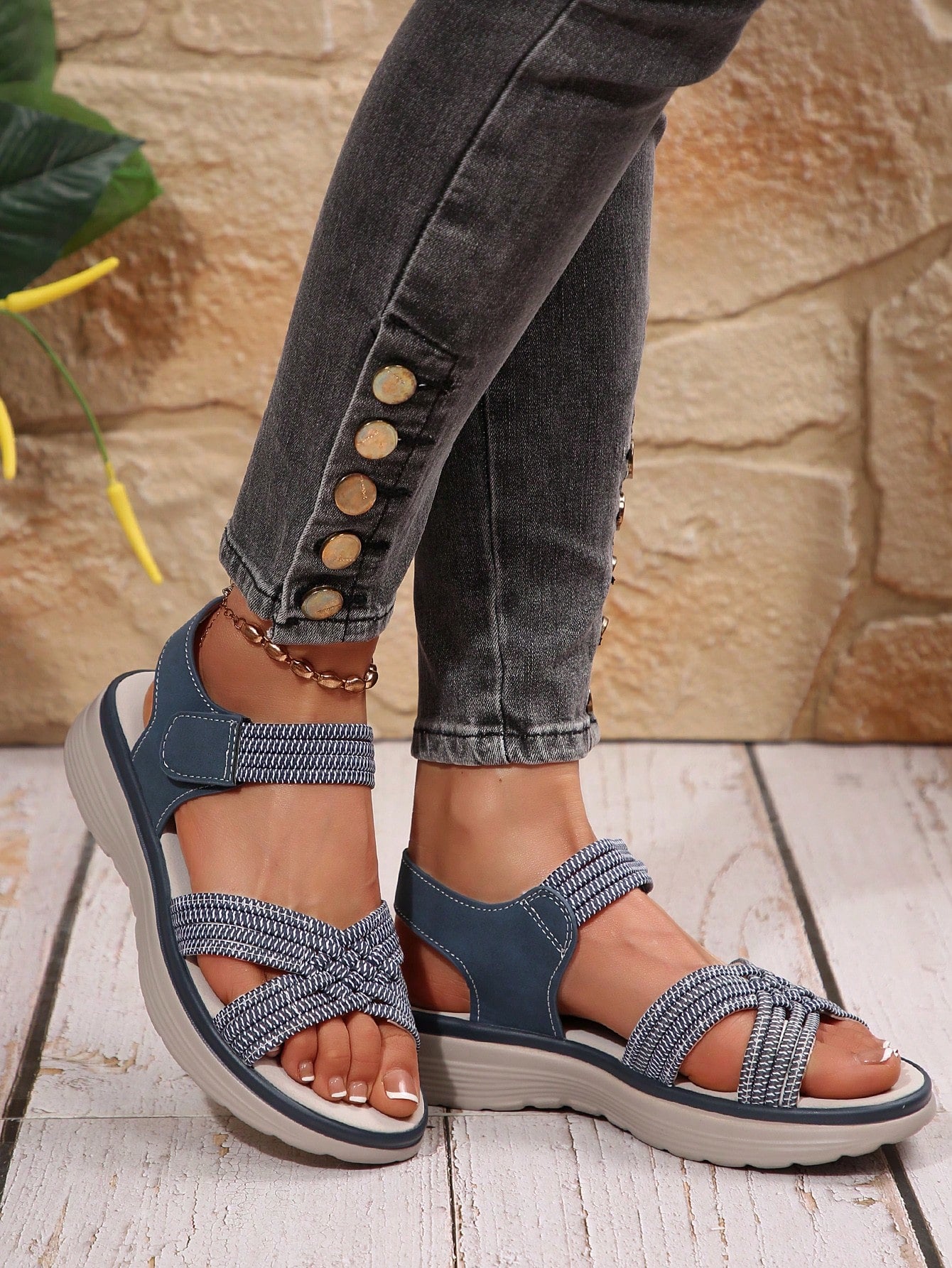 Women's plus size platform wedge sandals with hook-and-loop closure, open toe, ankle strap, and cut-out detailing in a casual beach style.