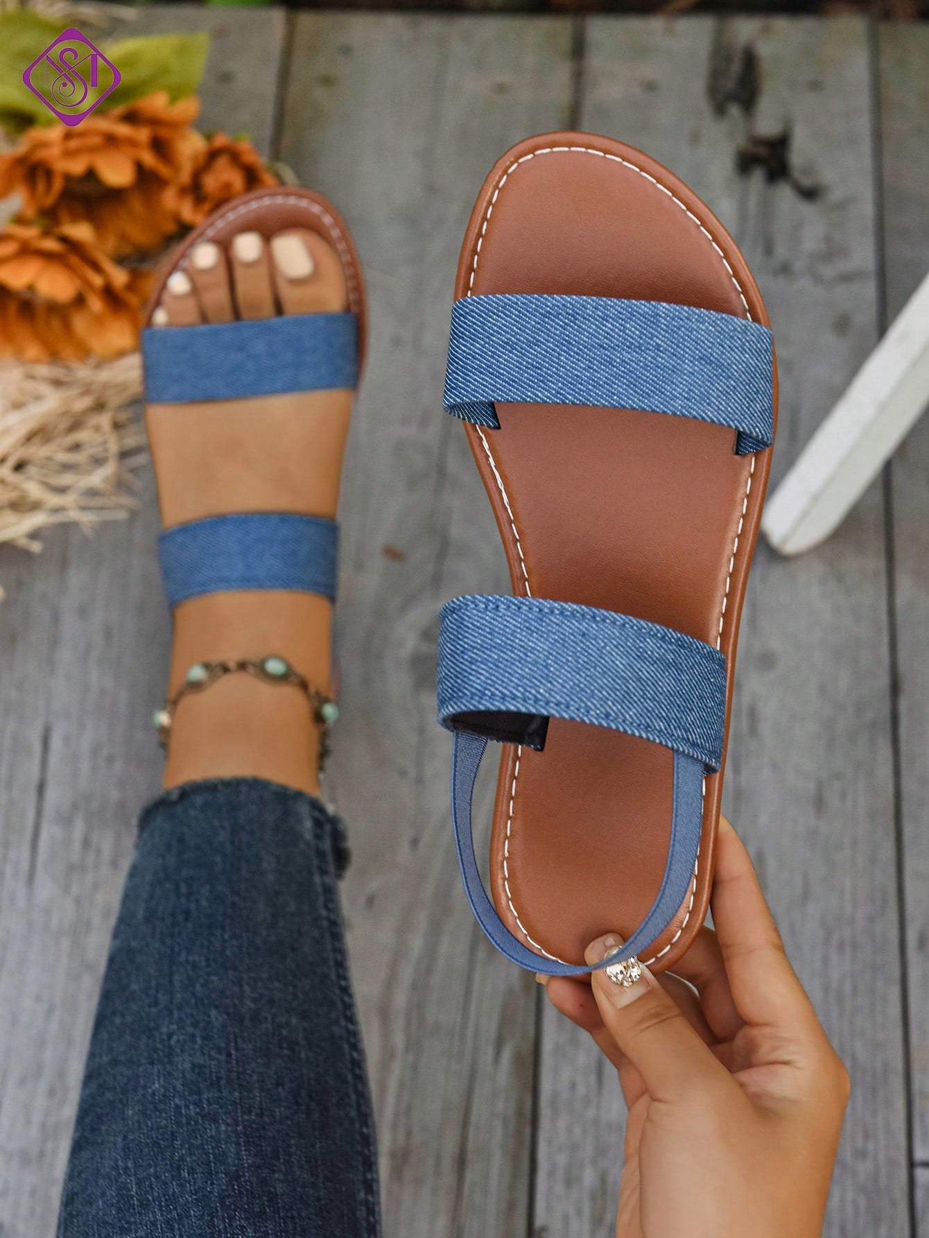 Women's wide fit flat gladiator sandals with woven textured straps, open toe, slip-on design, and lettuce trim detail.