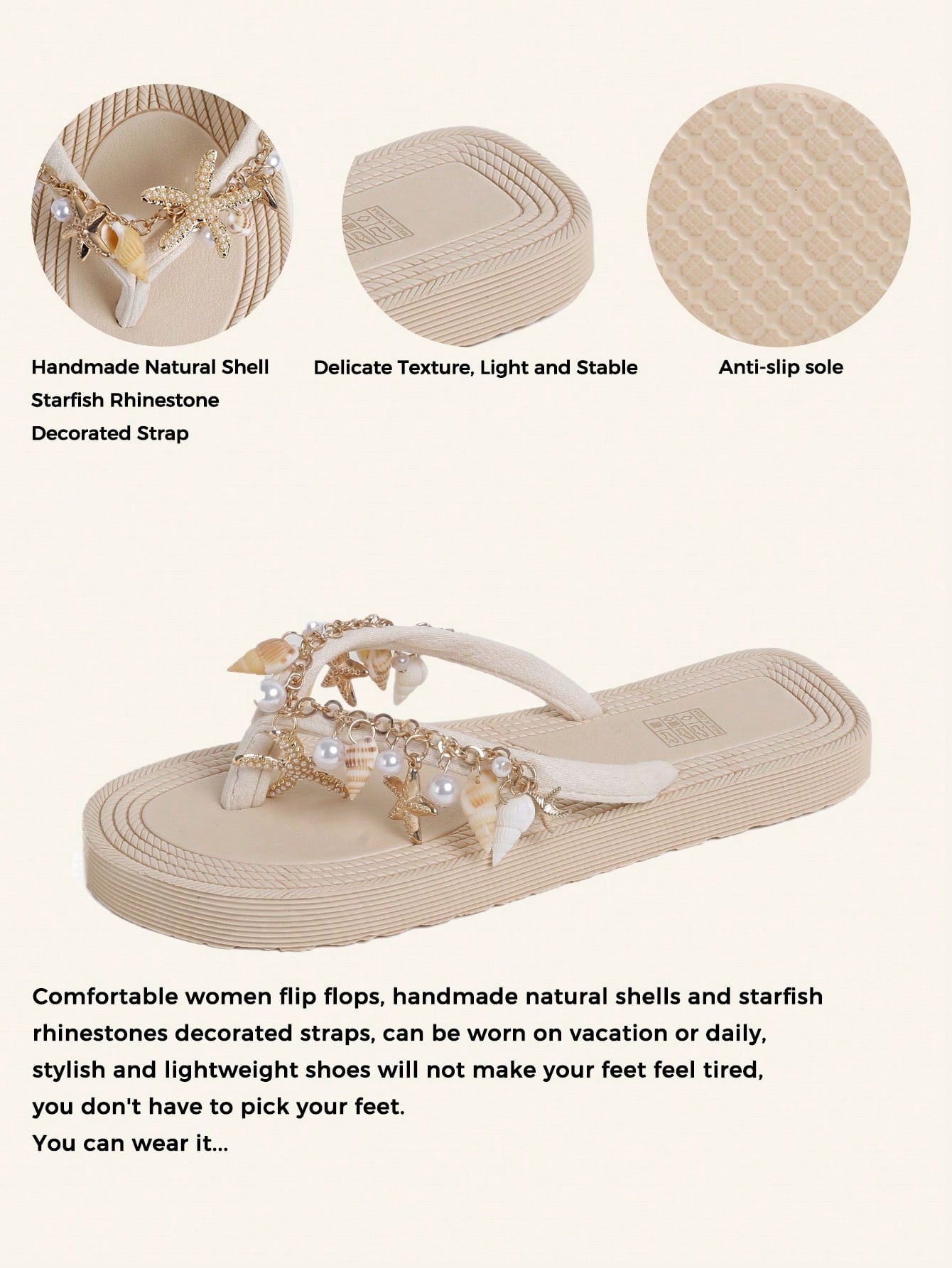Handmade women’s beach flip flop sandals with shell and starfish rhinestone decorated woven straps, flat thong style, and lightweight non-slip sole.