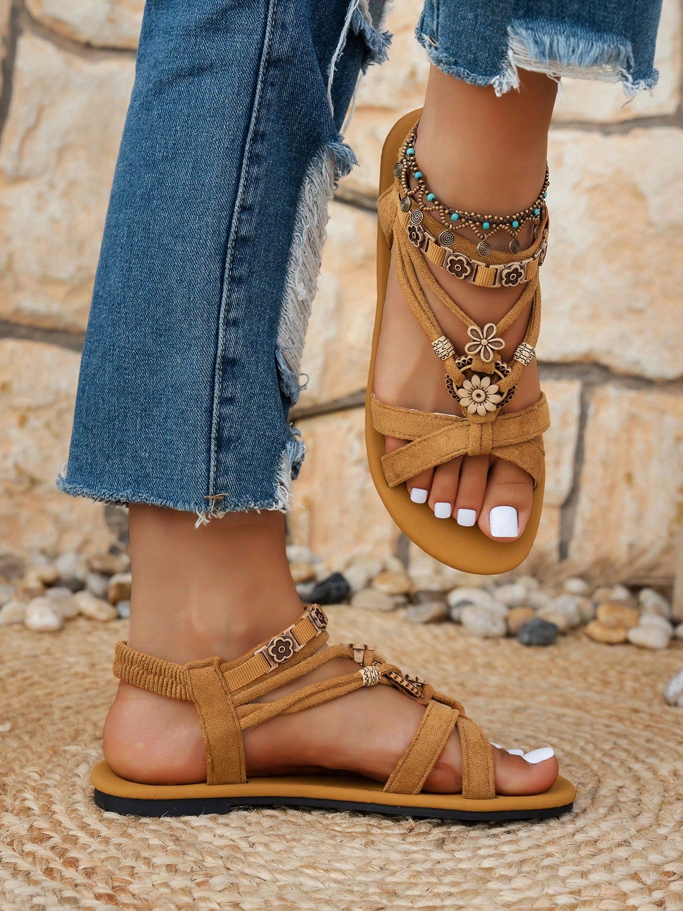 Women's bohemian flat slingback sandals with beaded detailing and open-toe design, featuring a fabric upper, PU leather lining and insole, and TPR outsole.