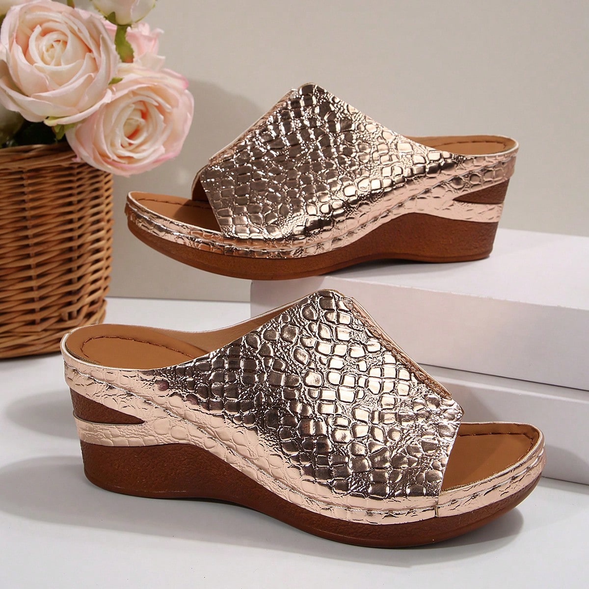 Women’s open-toe wedge slide sandals with hollow-out detail and plain design, one-piece PU leather upper, suitable for outdoor wear.