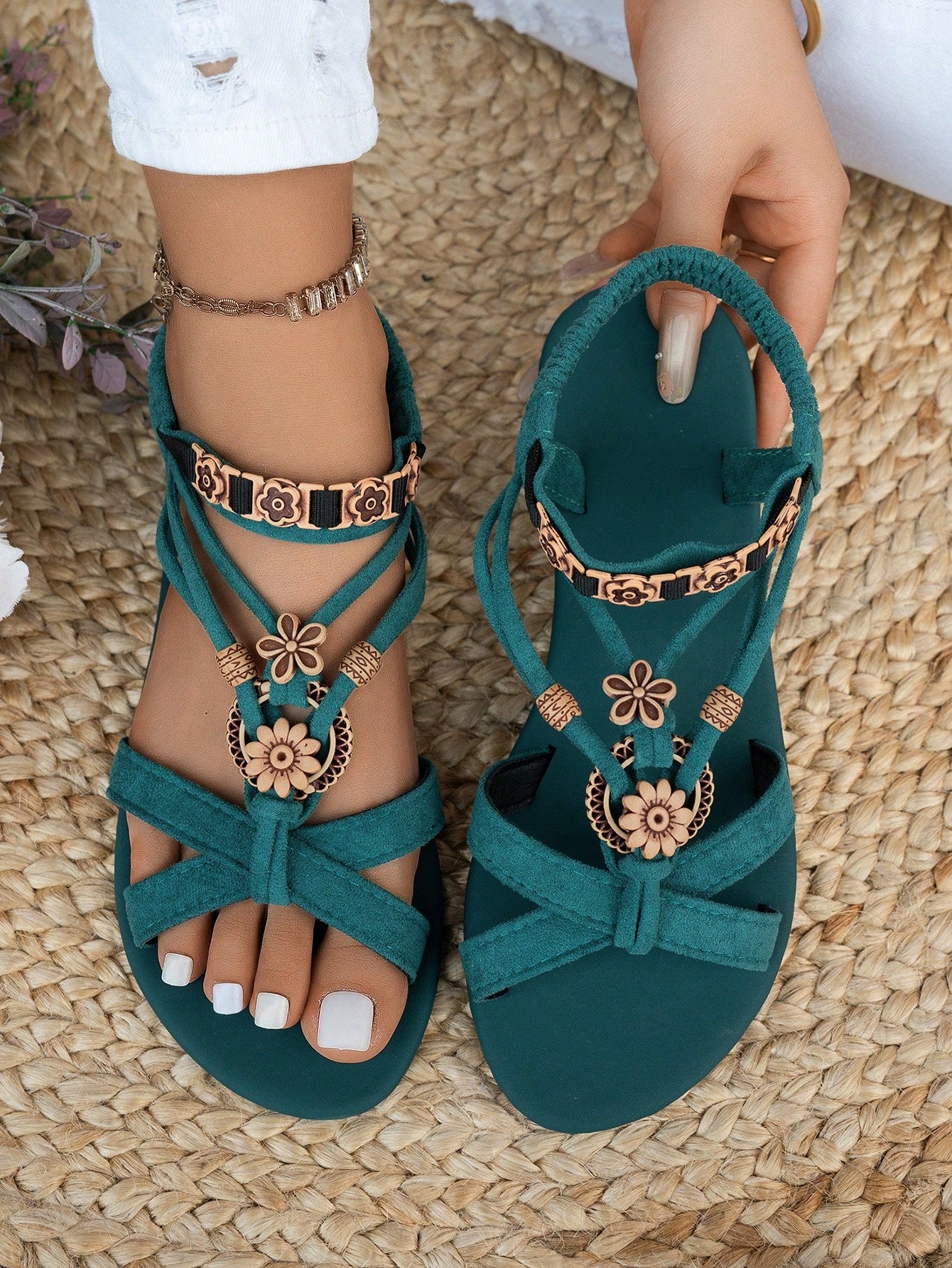 Women's bohemian flat slingback sandals with beaded detailing and open-toe design, featuring a fabric upper, PU leather lining and insole, and TPR outsole.
