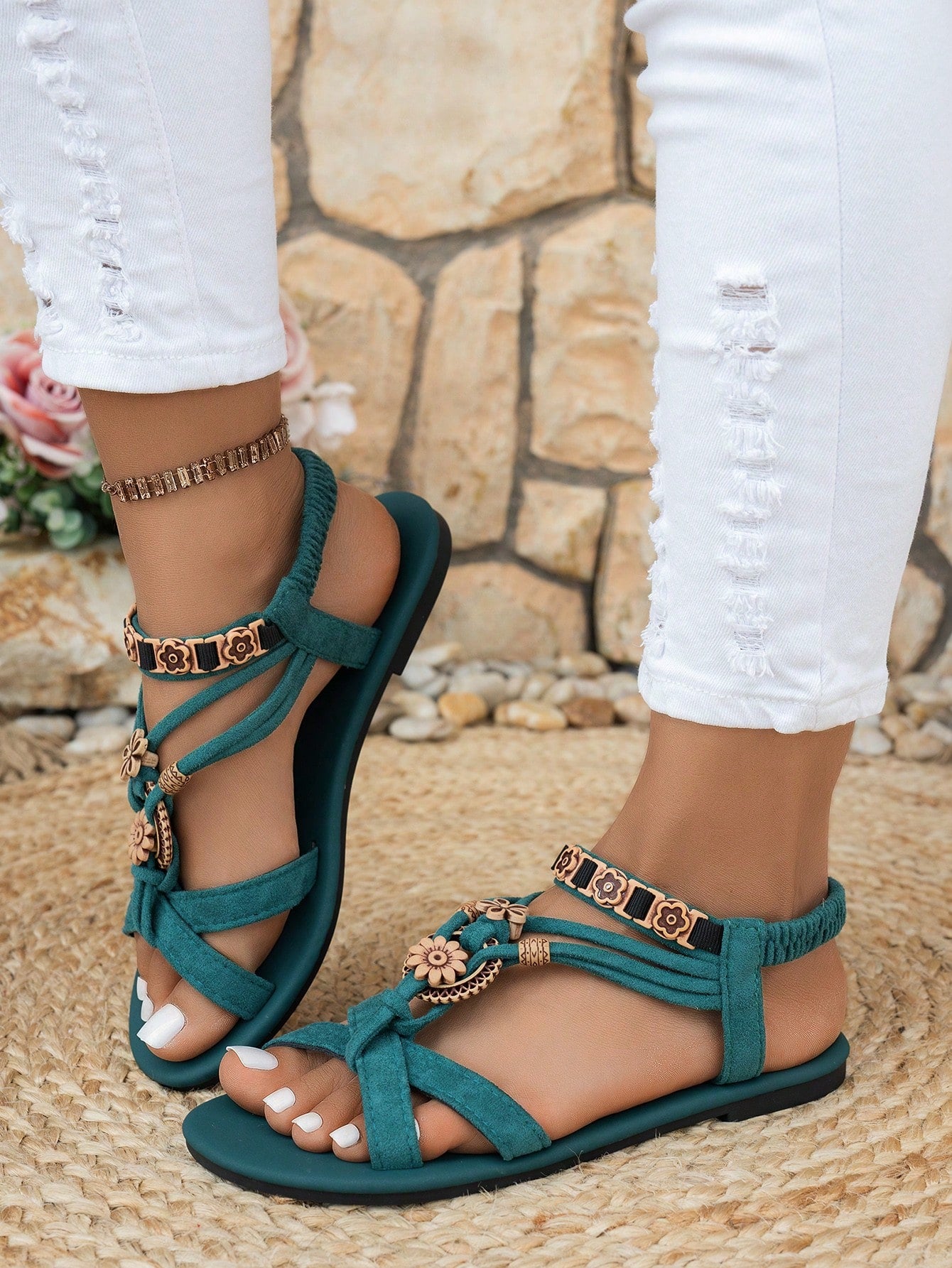 Women's bohemian flat slingback sandals with beaded detailing and open-toe design, featuring a fabric upper, PU leather lining and insole, and TPR outsole.