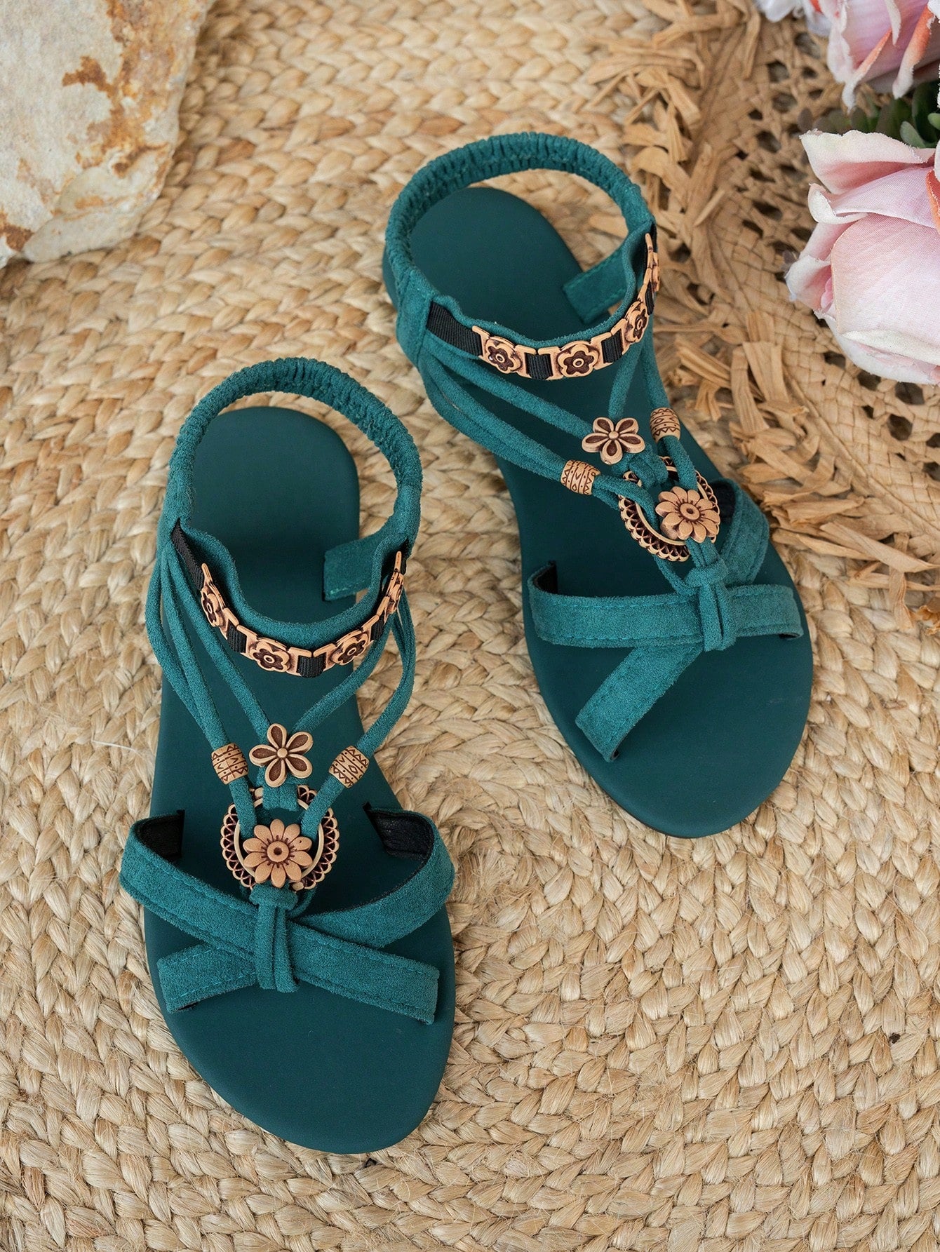 Women's bohemian flat slingback sandals with beaded detailing and open-toe design, featuring a fabric upper, PU leather lining and insole, and TPR outsole.