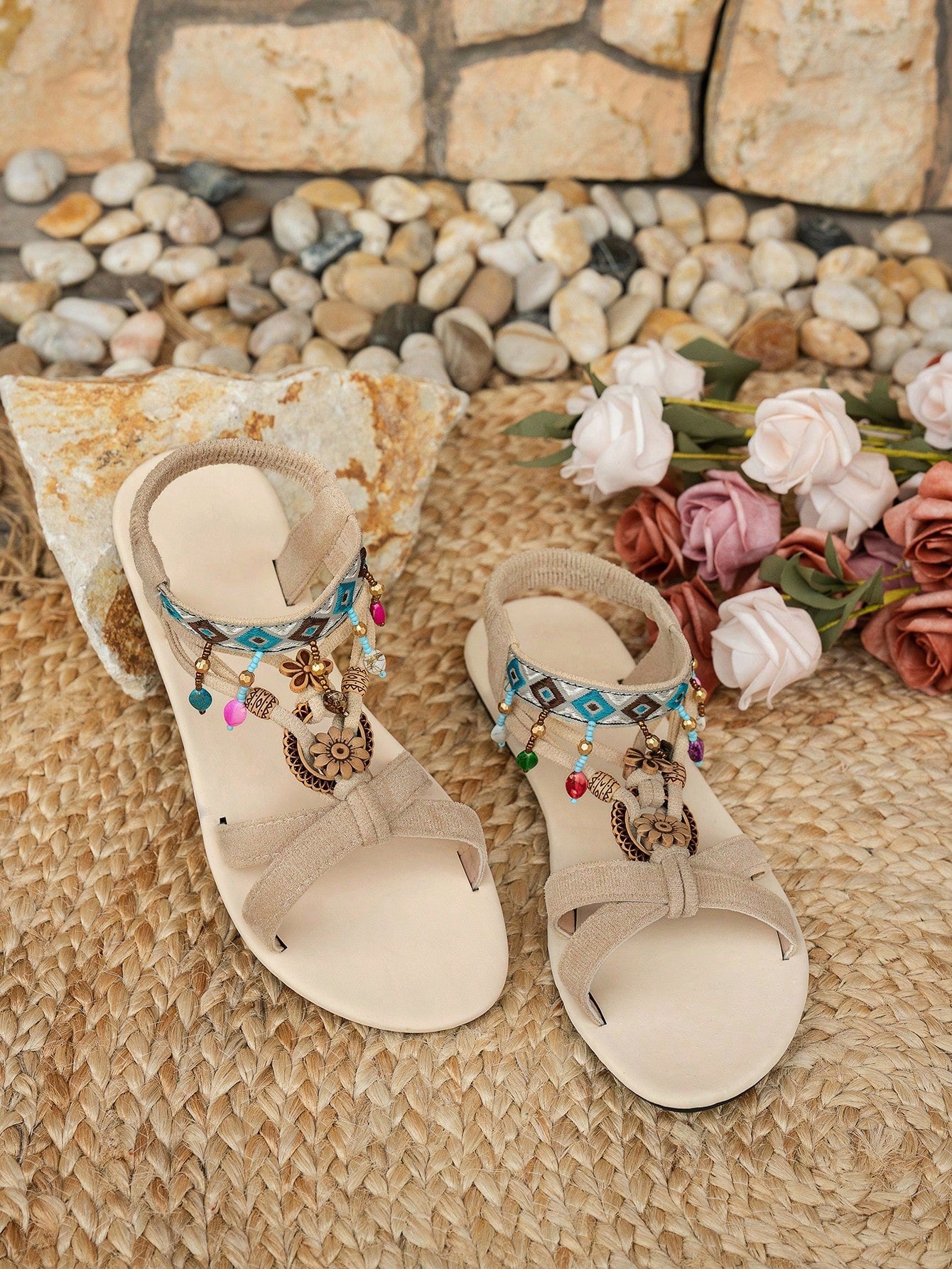 Women's bohemian flat slingback sandals with beaded detailing and open-toe design, featuring a fabric upper, PU leather lining and insole, and TPR outsole.