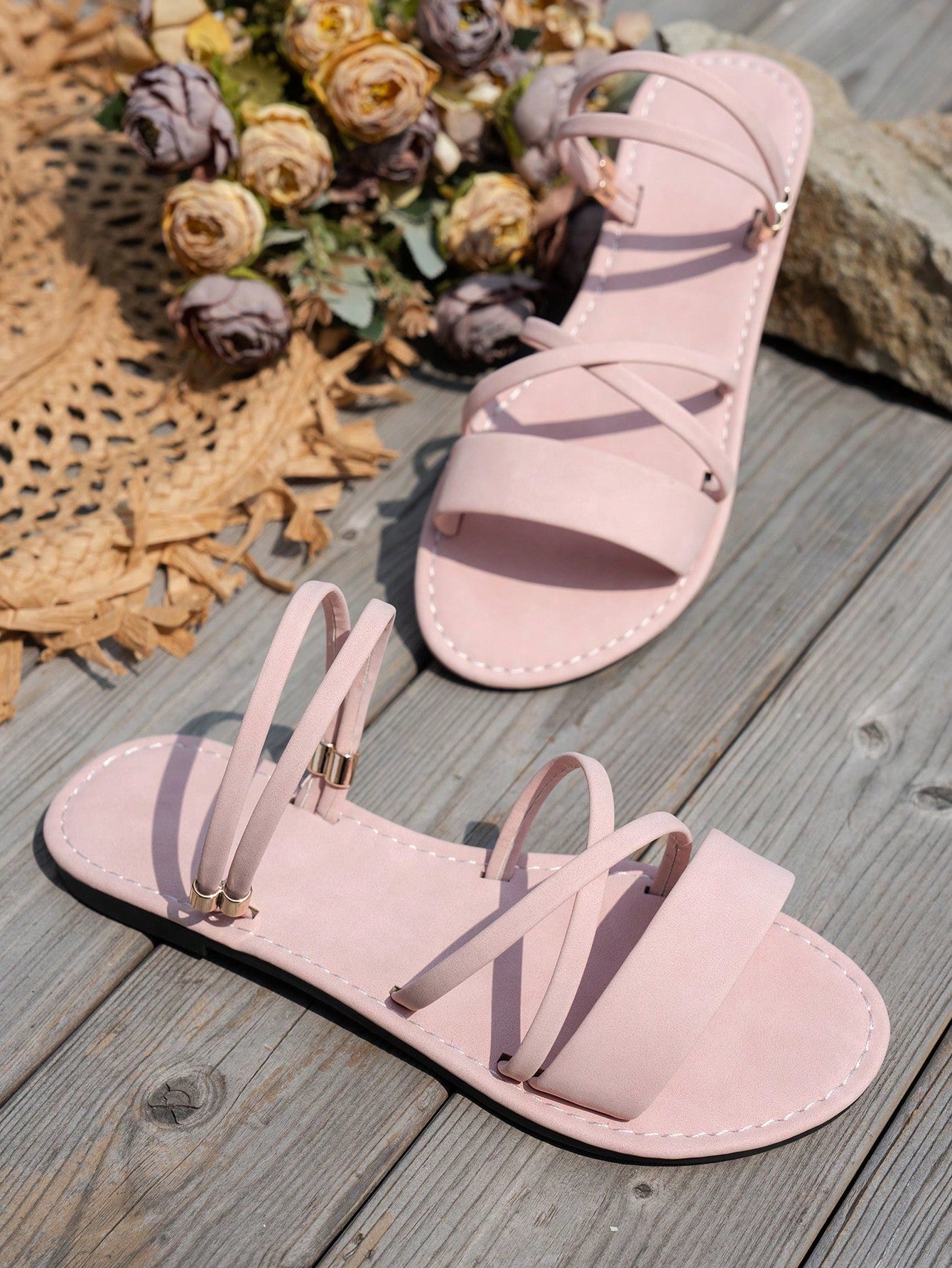 Women’s peep toe flat slide sandals with asymmetrical straps in a simple bohemian Roman beach style