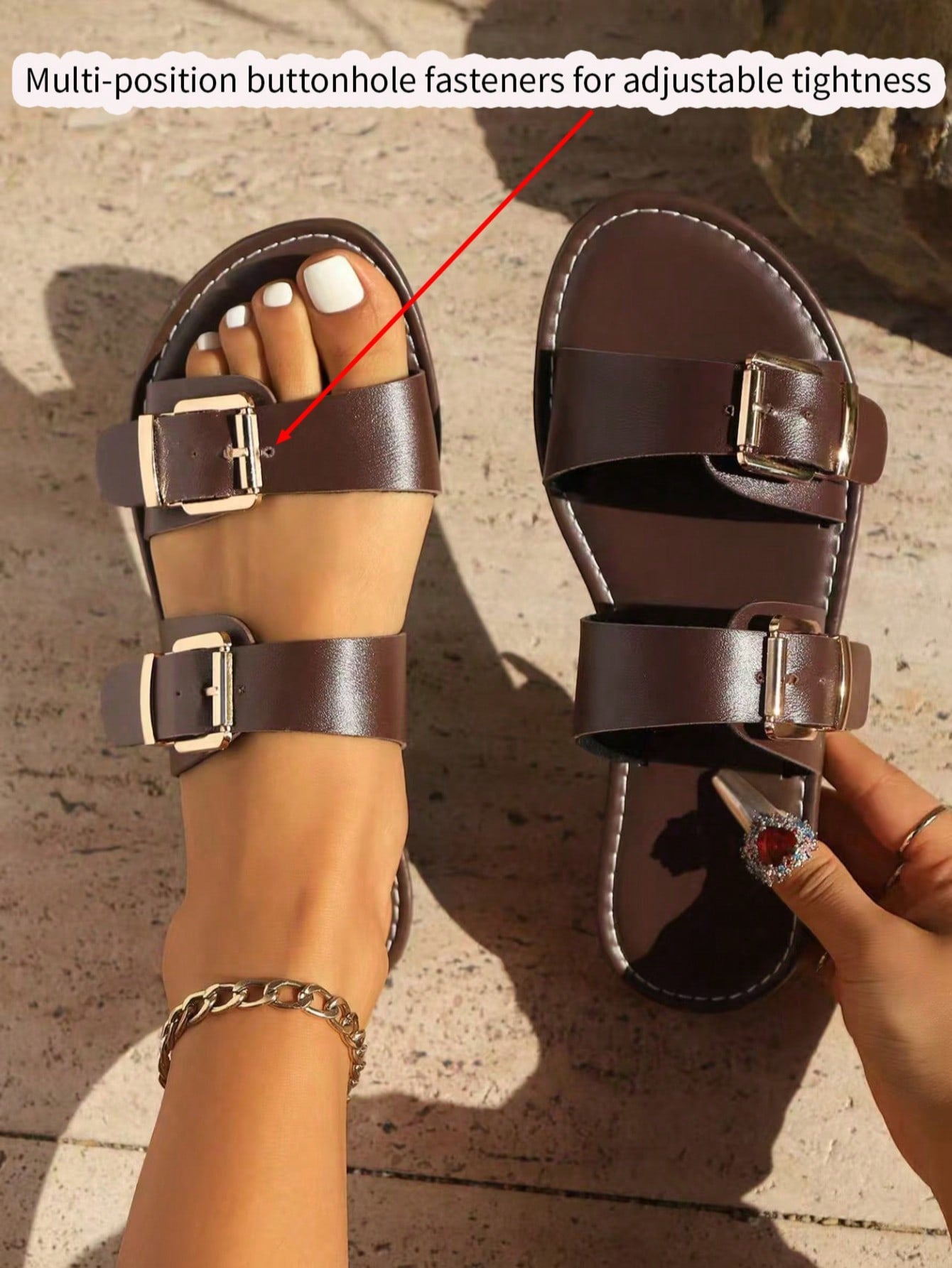 Women’s flat gladiator slide sandals with criss-cross multi straps, adjustable buckle detail, open toe design, and non-slip sole for casual beach and everyday wear.