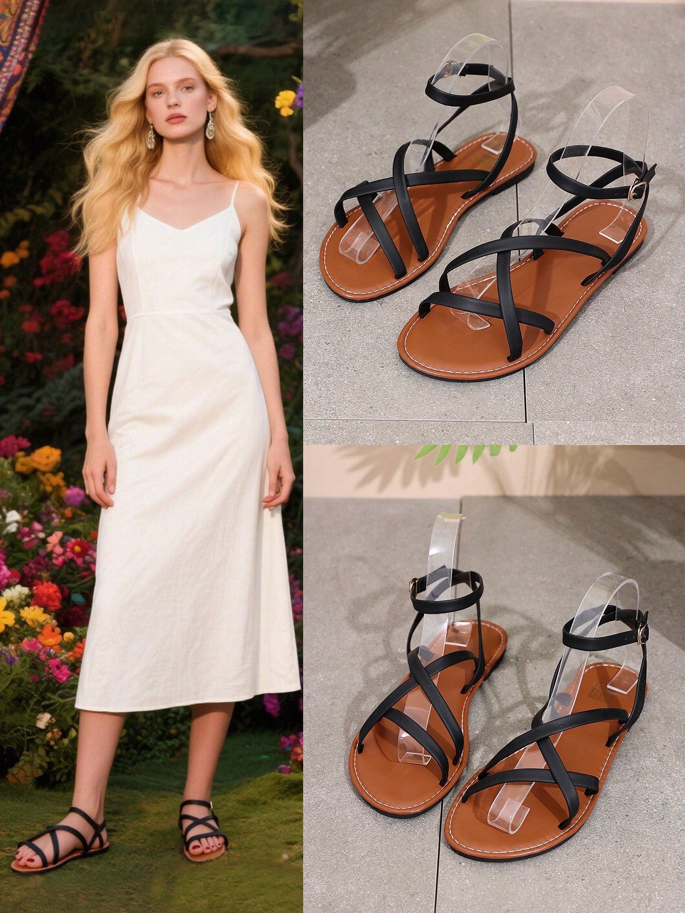 Women's flat open-toe slide sandals with criss cross straps and soft sole, styled for beach vacation outfits and dresses.