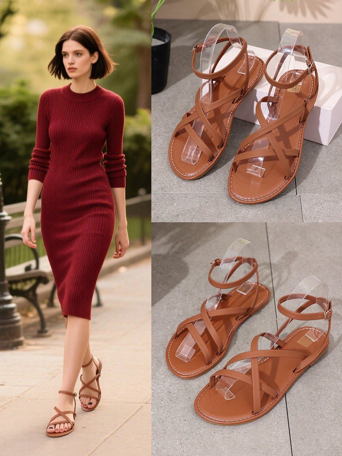Women's flat open-toe slide sandals with criss cross straps and soft sole, styled for beach vacation outfits and dresses.