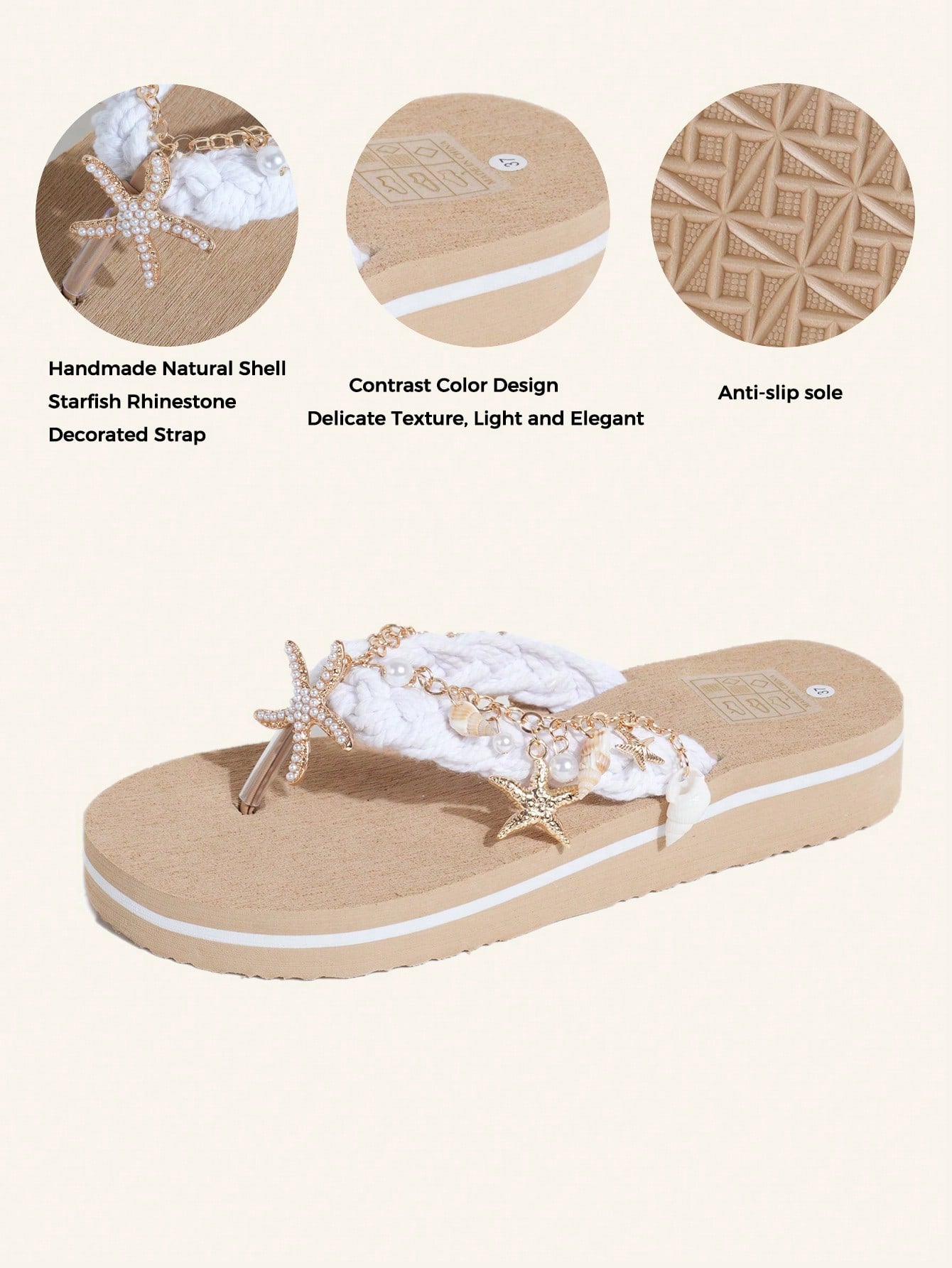 Handmade women’s beach flip flop sandals with shell and starfish rhinestone decorated woven straps, flat thong style, and lightweight non-slip sole.