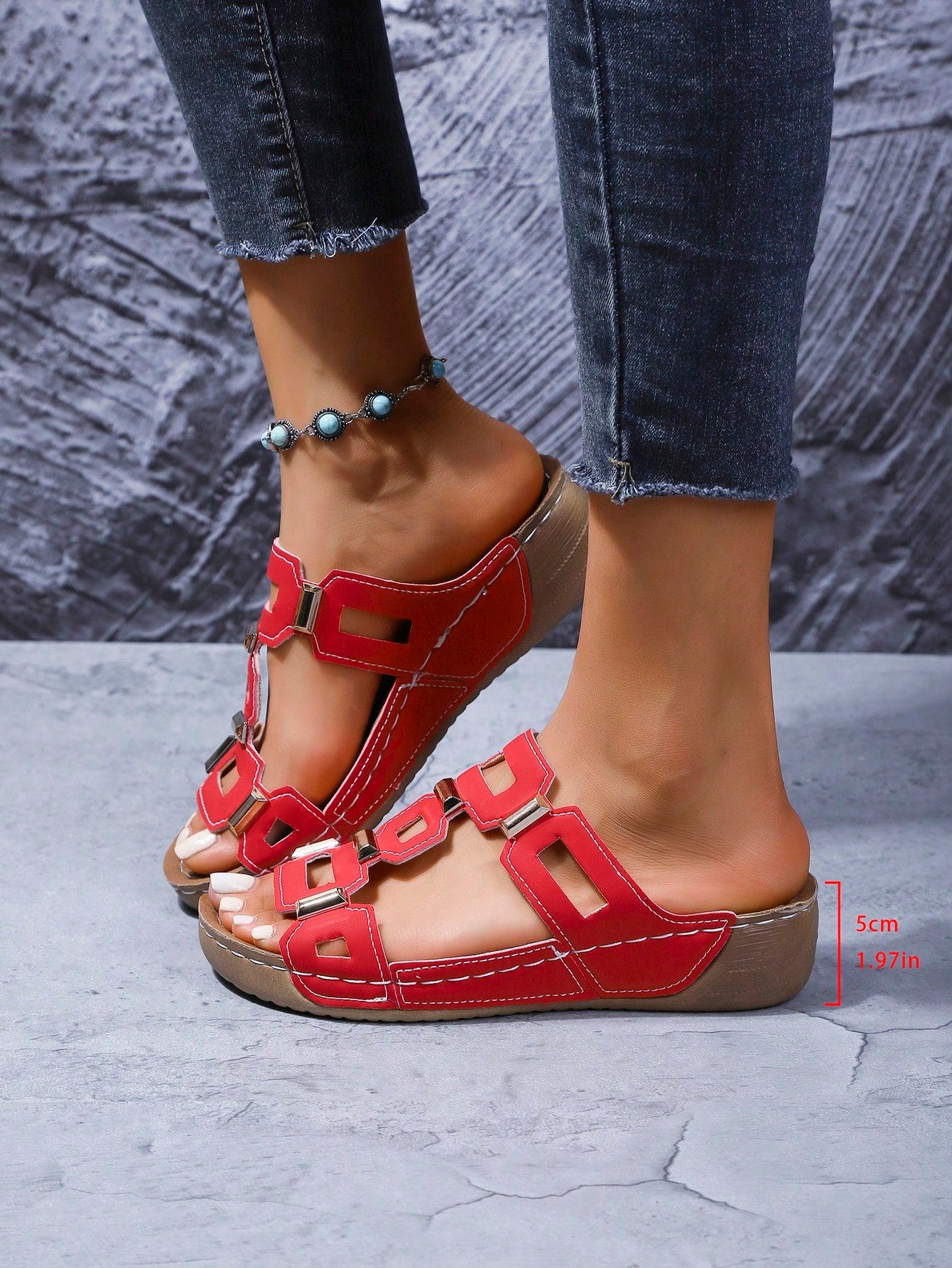 Women's open-toe wedge slide sandals with studded hollow-out upper, cross-over straps, buckle closure, and thick soft sole