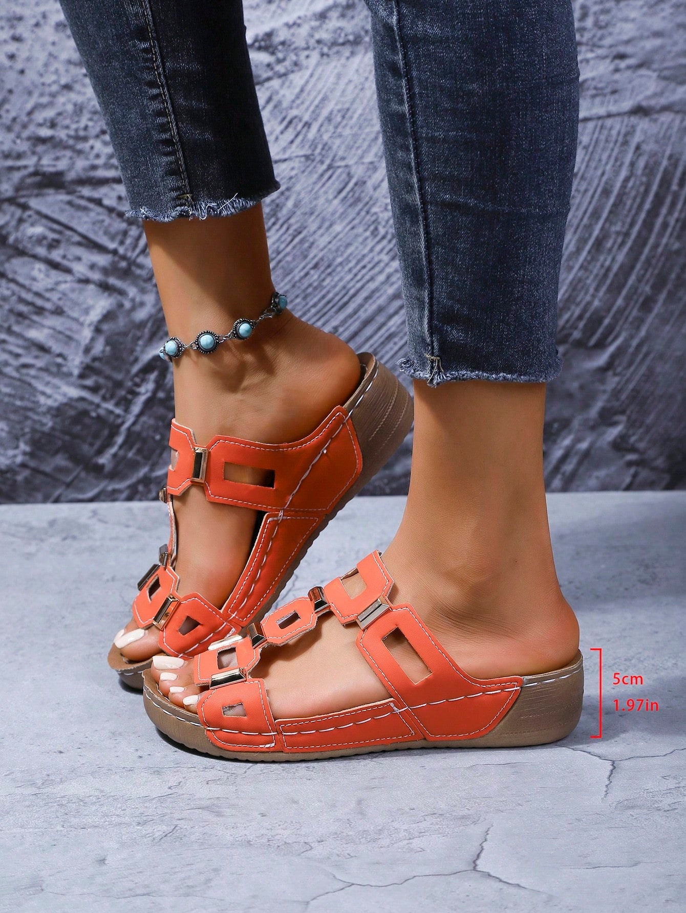 Women's open-toe wedge slide sandals with studded hollow-out upper, cross-over straps, buckle closure, and thick soft sole