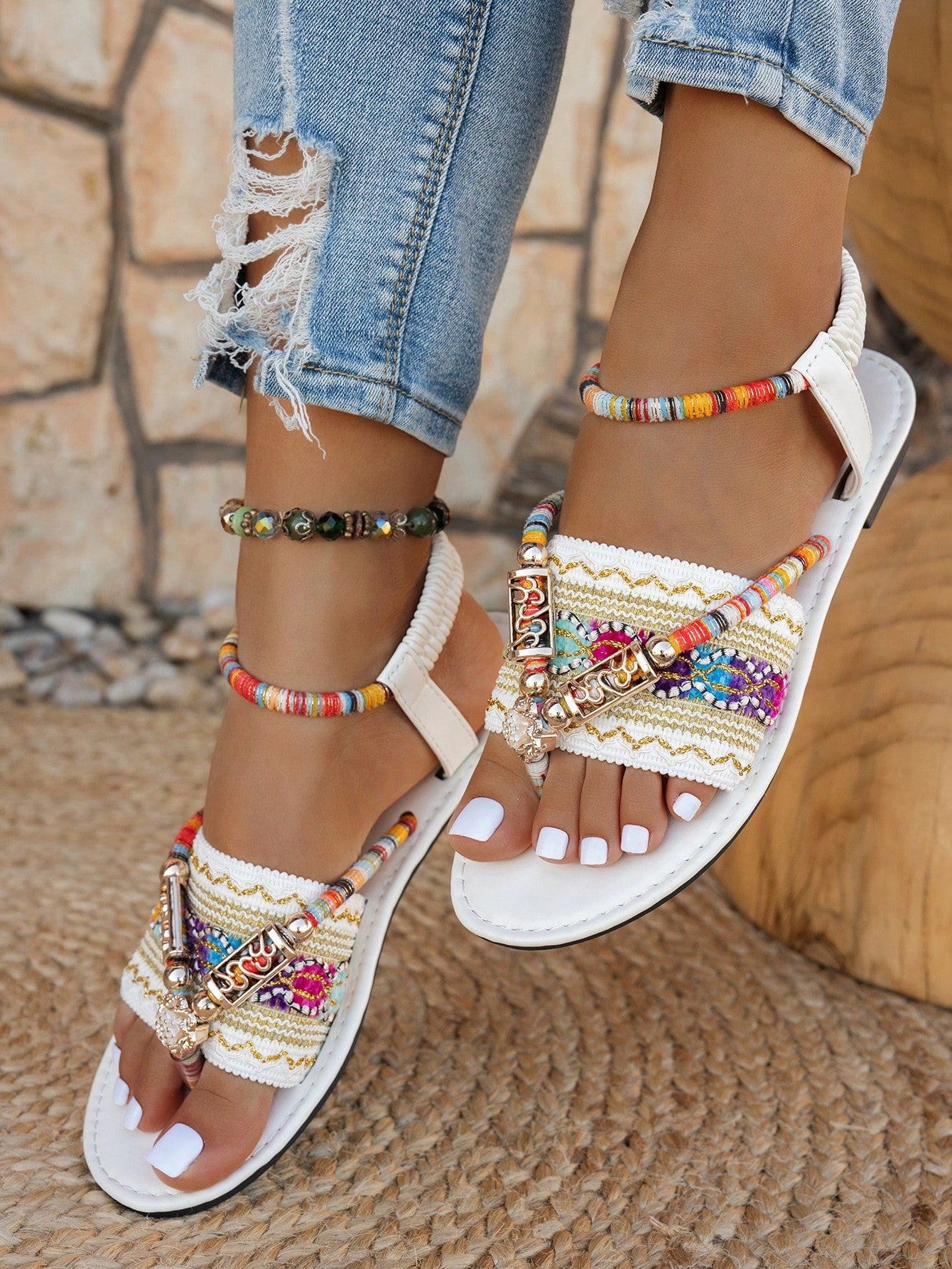 Women's bohemian flat slingback sandals with beaded detailing and open-toe design, featuring a fabric upper, PU leather lining and insole, and TPR outsole.