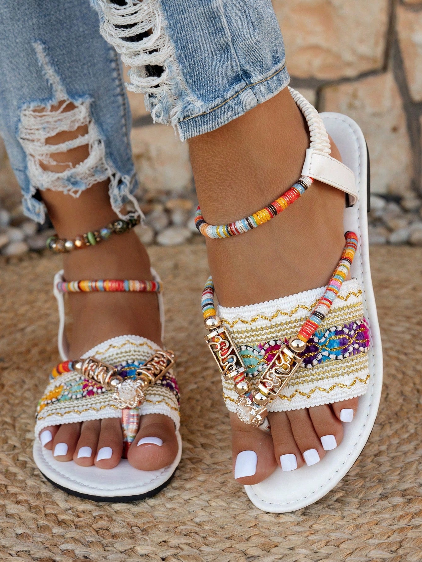 Women's bohemian flat slingback sandals with beaded detailing and open-toe design, featuring a fabric upper, PU leather lining and insole, and TPR outsole.