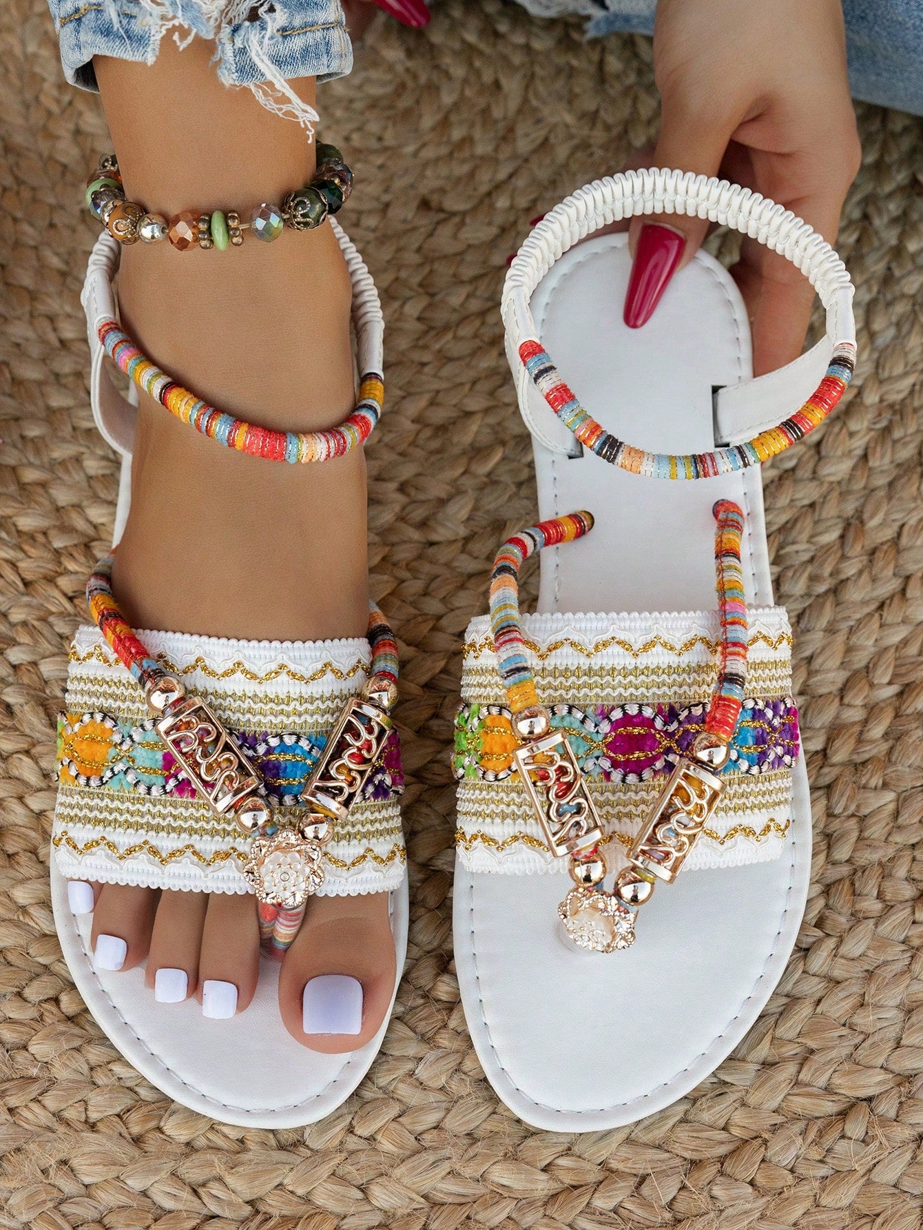 Women's bohemian flat slingback sandals with beaded detailing and open-toe design, featuring a fabric upper, PU leather lining and insole, and TPR outsole.