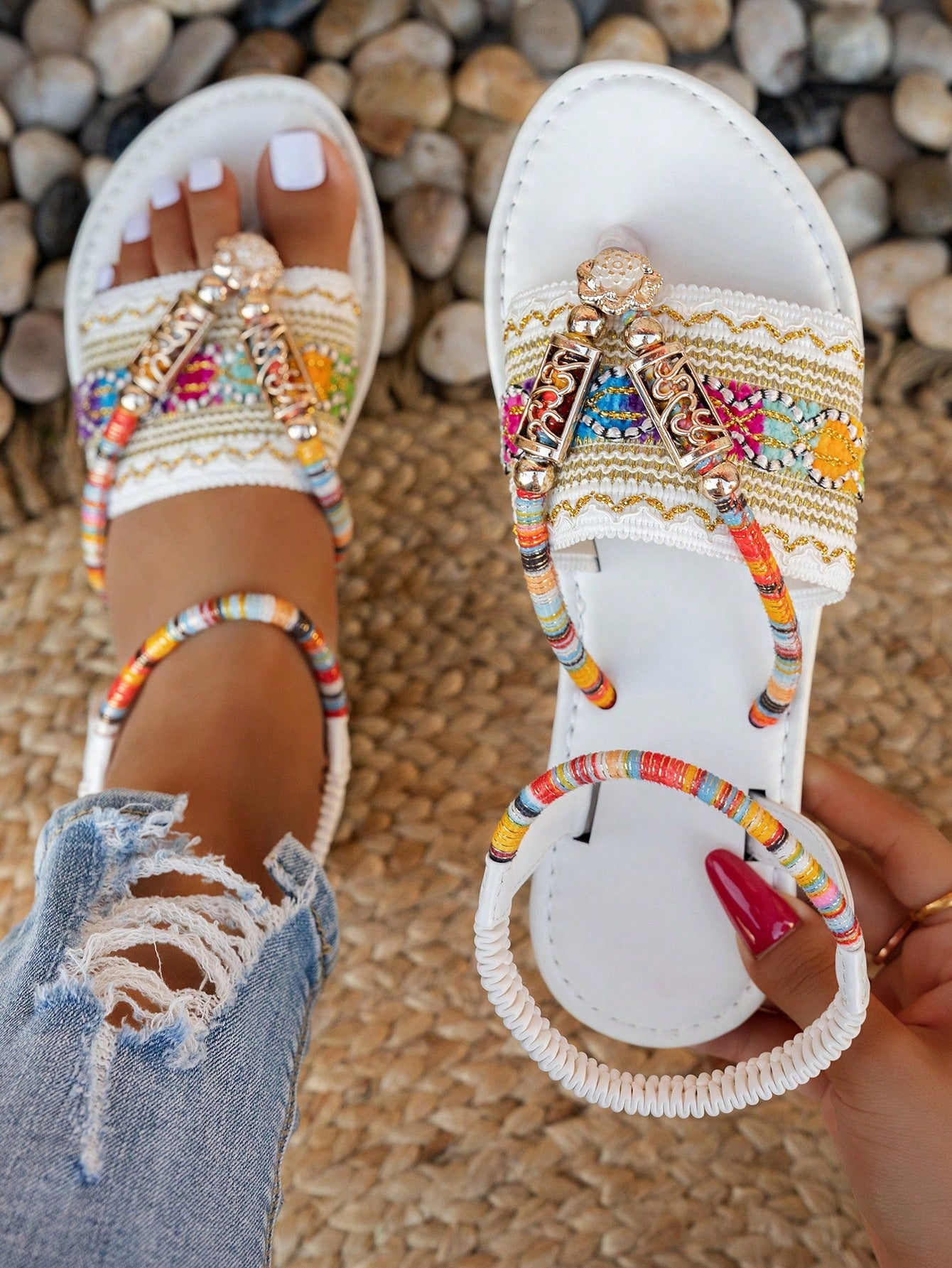 Women's bohemian flat slingback sandals with beaded detailing and open-toe design, featuring a fabric upper, PU leather lining and insole, and TPR outsole.