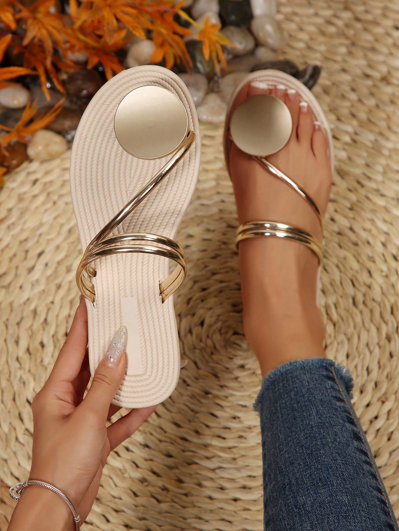 Women's flat slide sandals with crystal-style rhinestone and bow embellishments, toe post front, and beach-ready slip-on design.