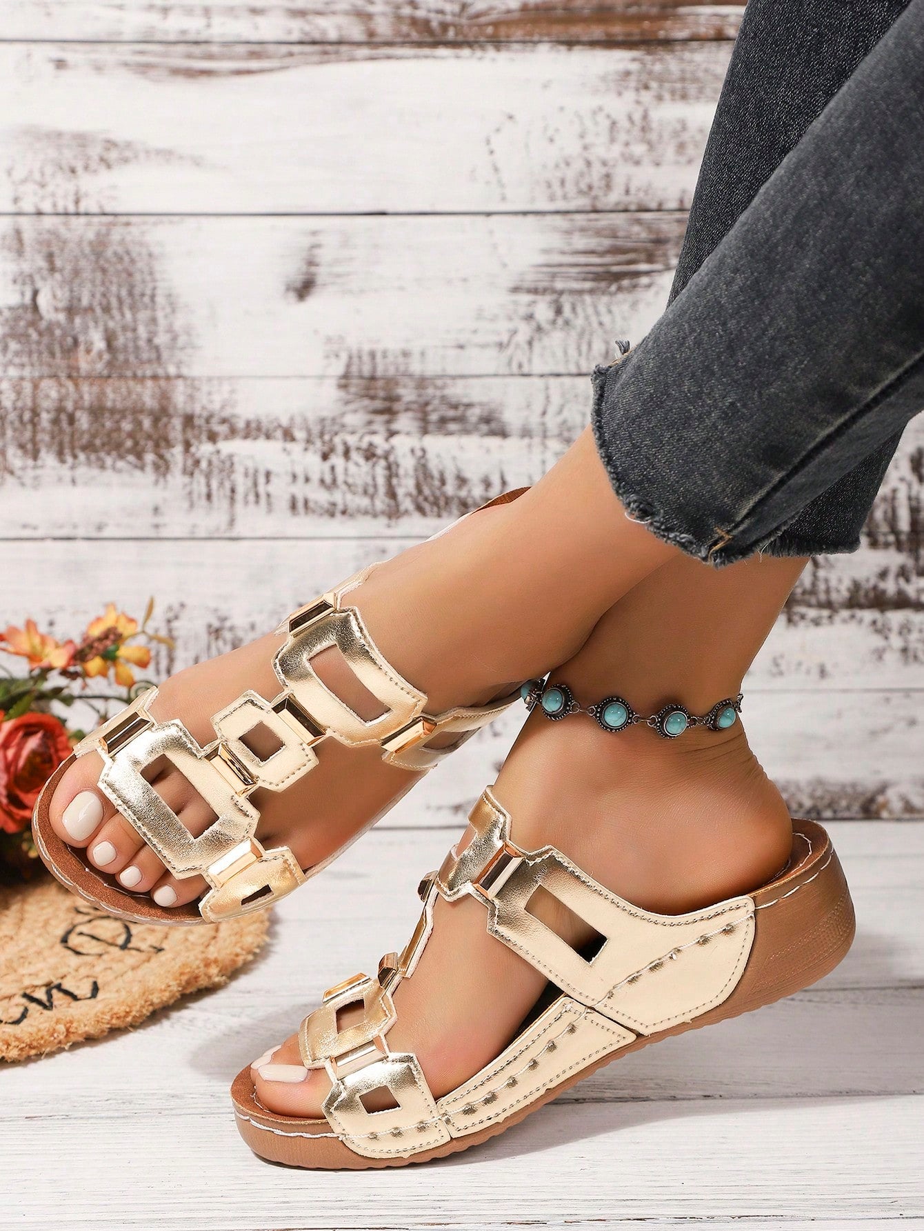 Women's open-toe wedge slide sandals with studded hollow-out upper, cross-over straps, buckle closure, and thick soft sole