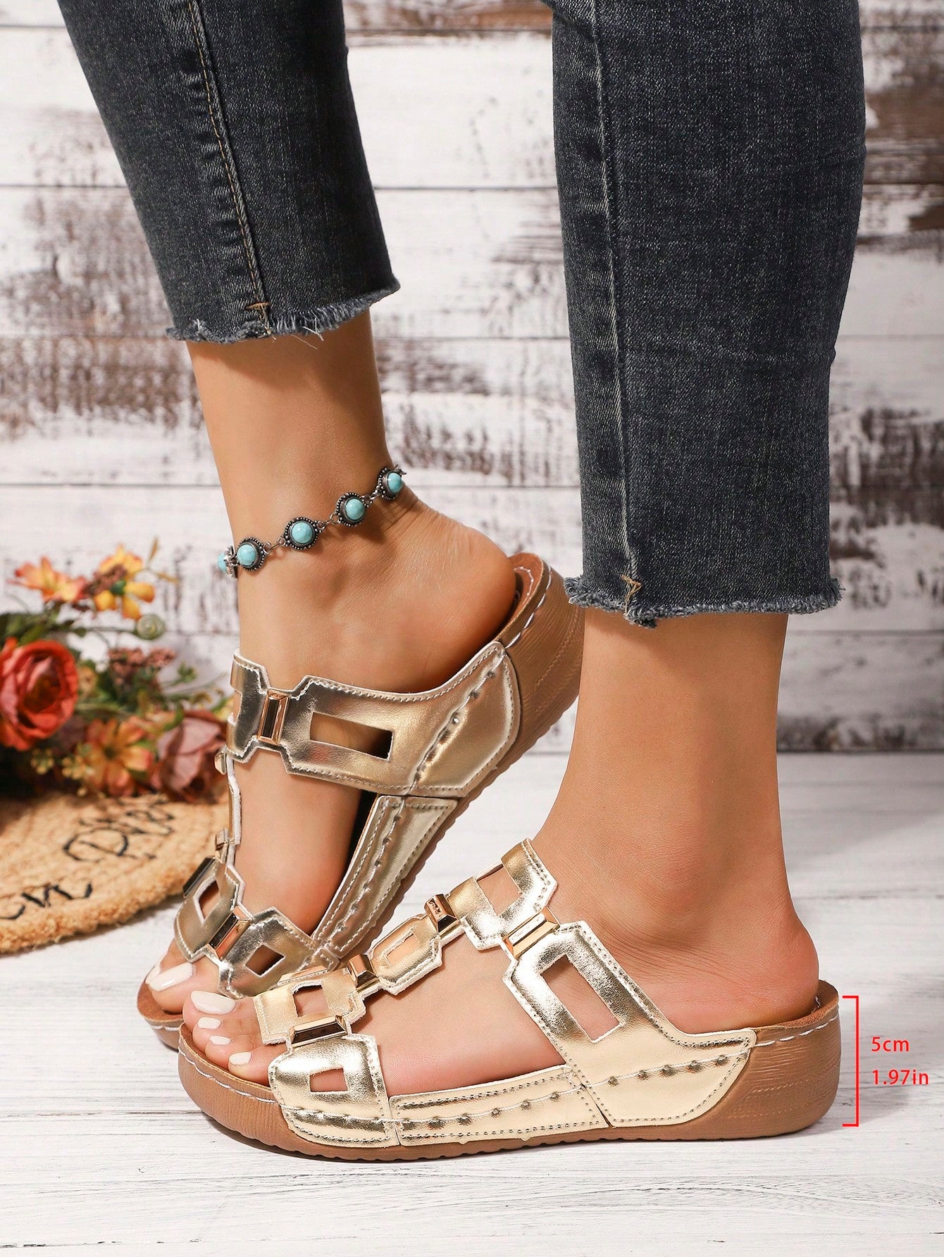 Women's open-toe wedge slide sandals with studded hollow-out upper, cross-over straps, buckle closure, and thick soft sole