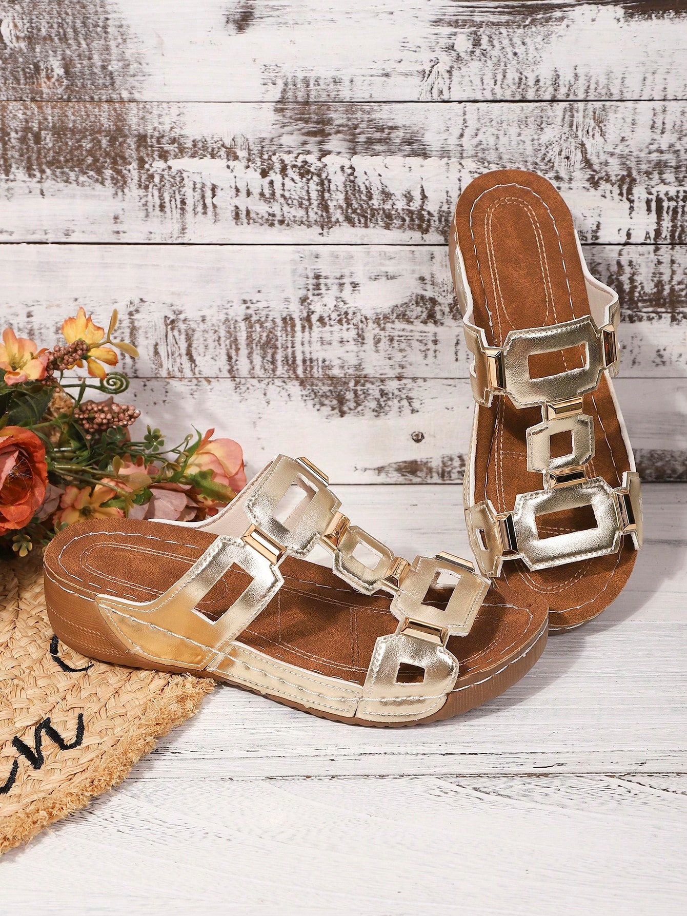 Women's open-toe wedge slide sandals with studded hollow-out upper, cross-over straps, buckle closure, and thick soft sole