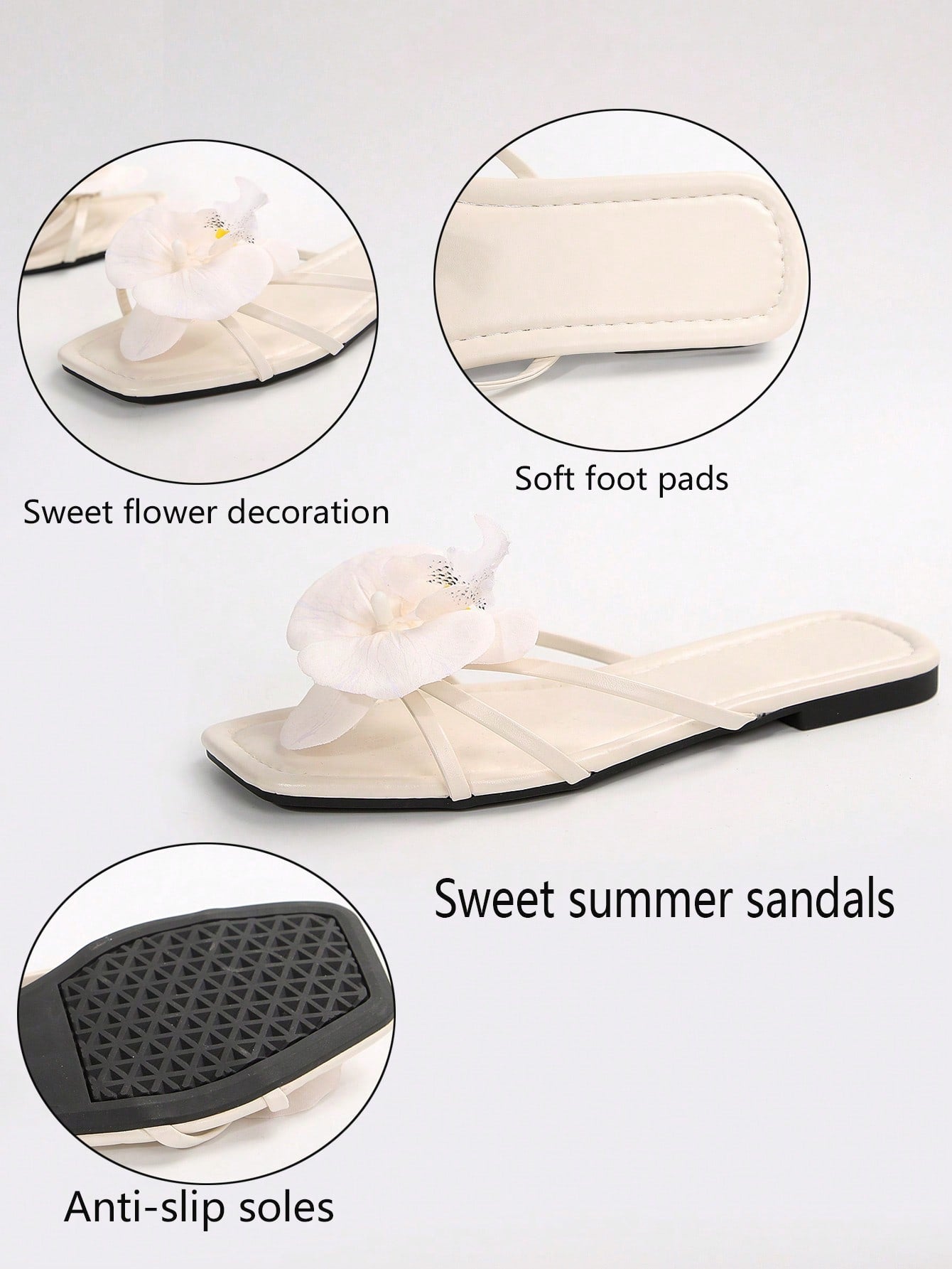 Wide fit women's beige flat thong sandals with butterfly orchid appliqué decor and open toe, suitable for beach, vacation, home, and casual everyday wear.