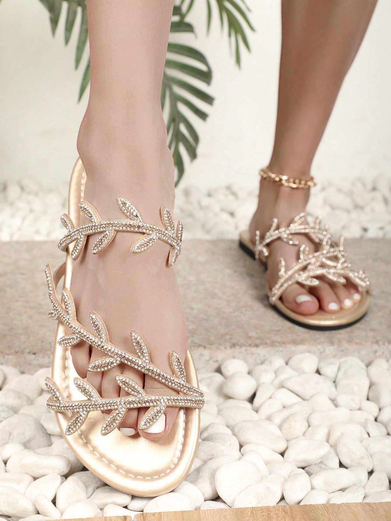 Plus size women’s flat slide sandals with open toe, glitter rhinestone and sequin patchwork detail, and soft non-slip sole for beach and spring/summer wear.